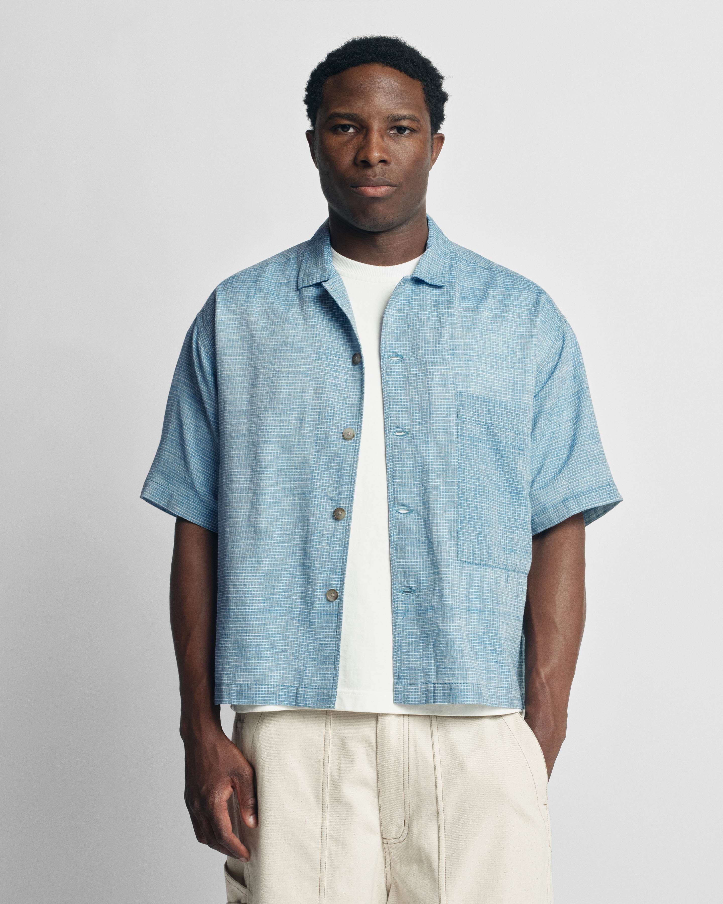 S/S SINGLE POCKET SAM SHIRT - CHAMBRAY / WHITE HANDWOVEN COTTON RIPSTOP