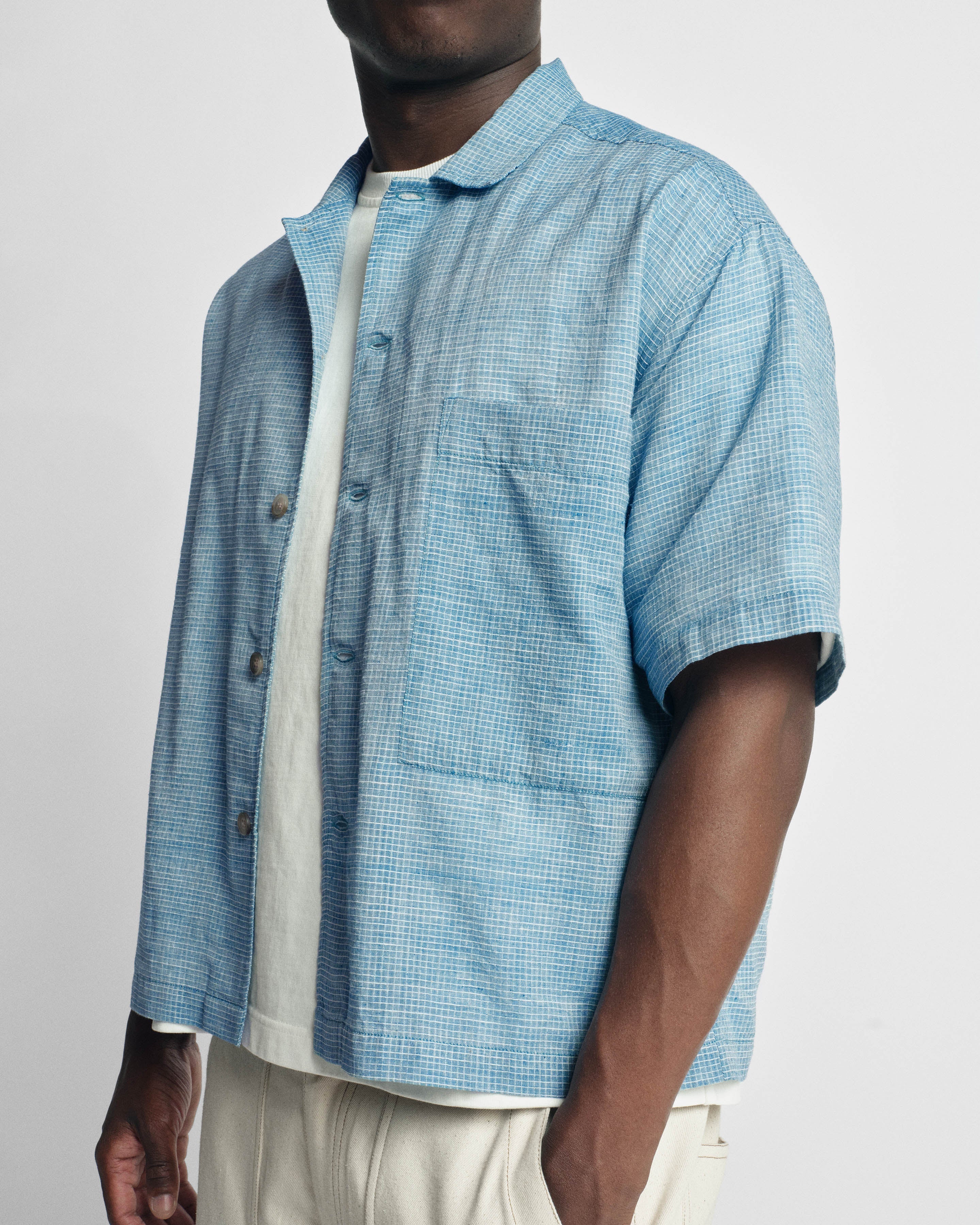 S/S SINGLE POCKET SAM SHIRT - CHAMBRAY / WHITE HANDWOVEN COTTON RIPSTOP