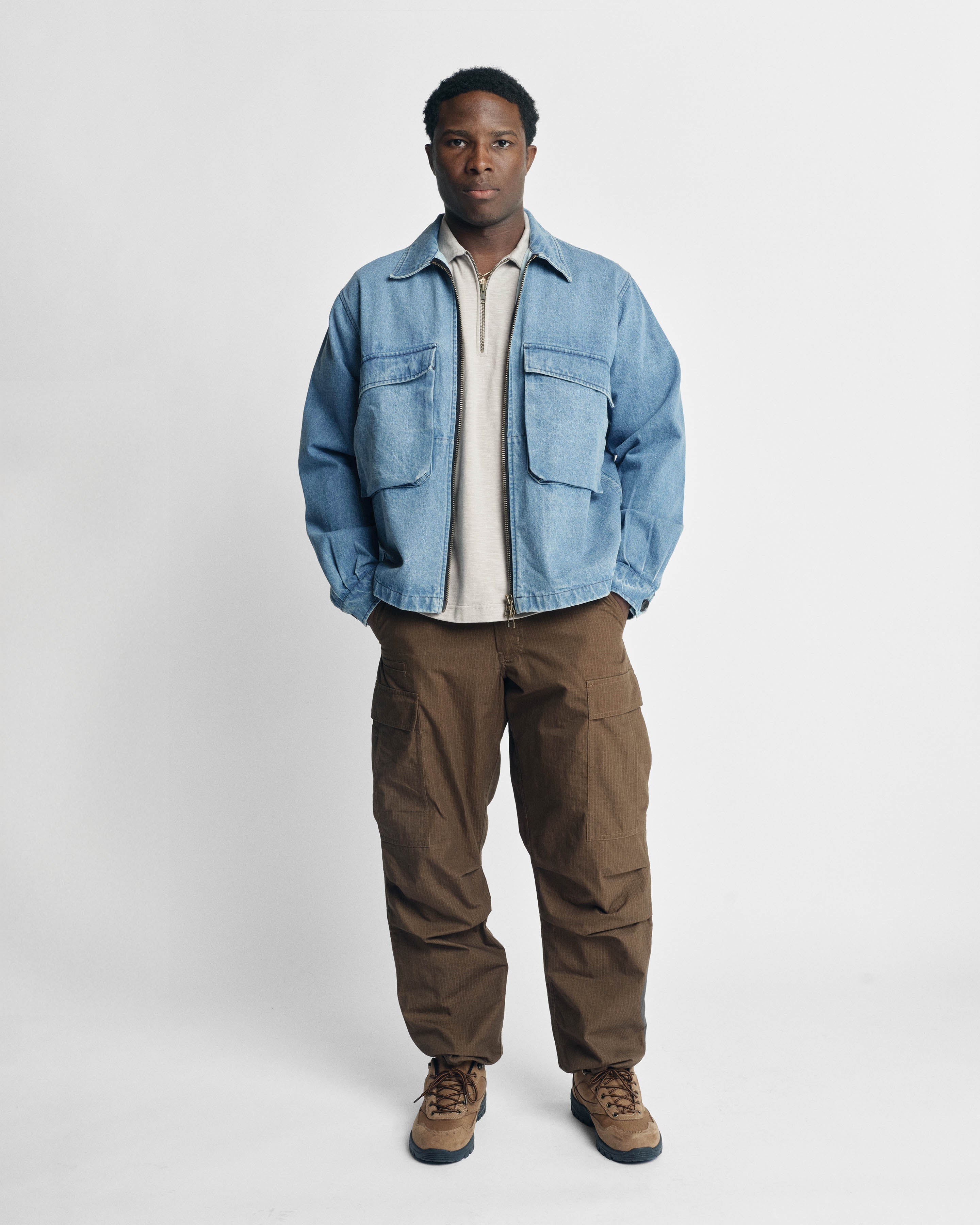 BELLOWS ZIP FRONT COACH'S JACKET - BLEACHED 13 oz. DENIM