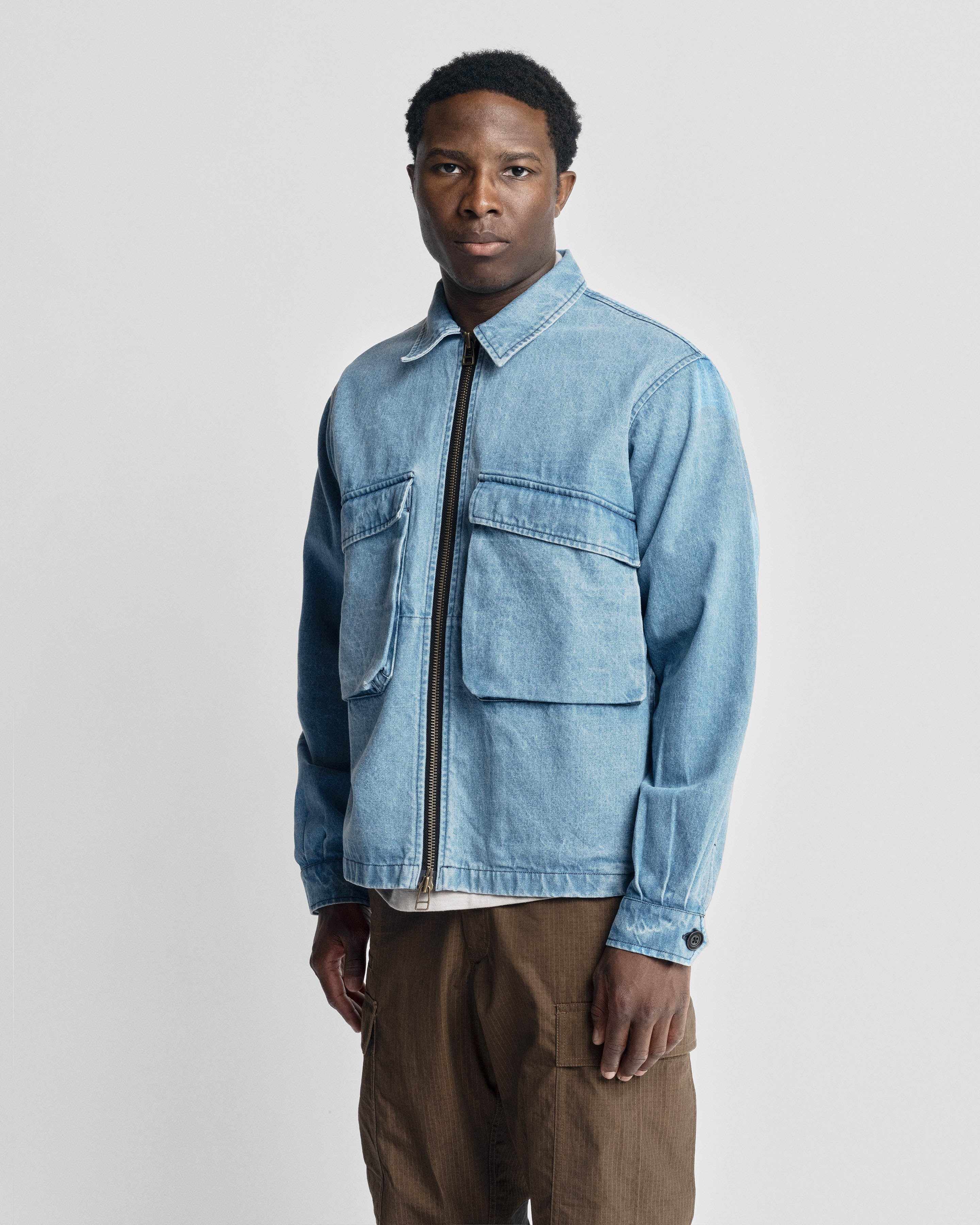 BELLOWS ZIP FRONT COACH'S JACKET - BLEACHED 13 oz. DENIM – 18 East