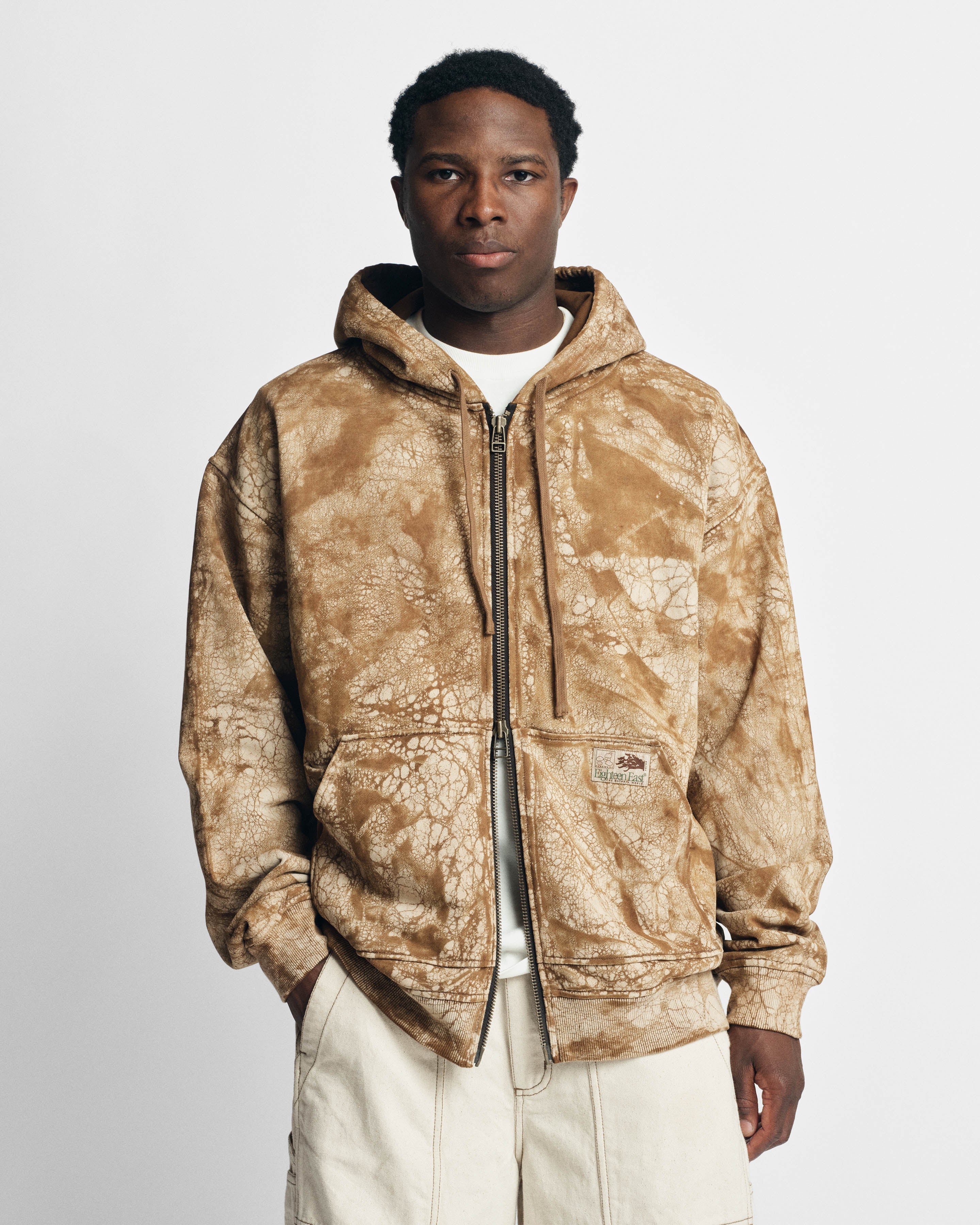 TOLMIE FULLZIP SWEATSHIRT - CARAMEL DYED 19oz. ALL COTTON FLEECE WITH EARTH PAISLEY PRINTED LOOPBACK TERRY BACK