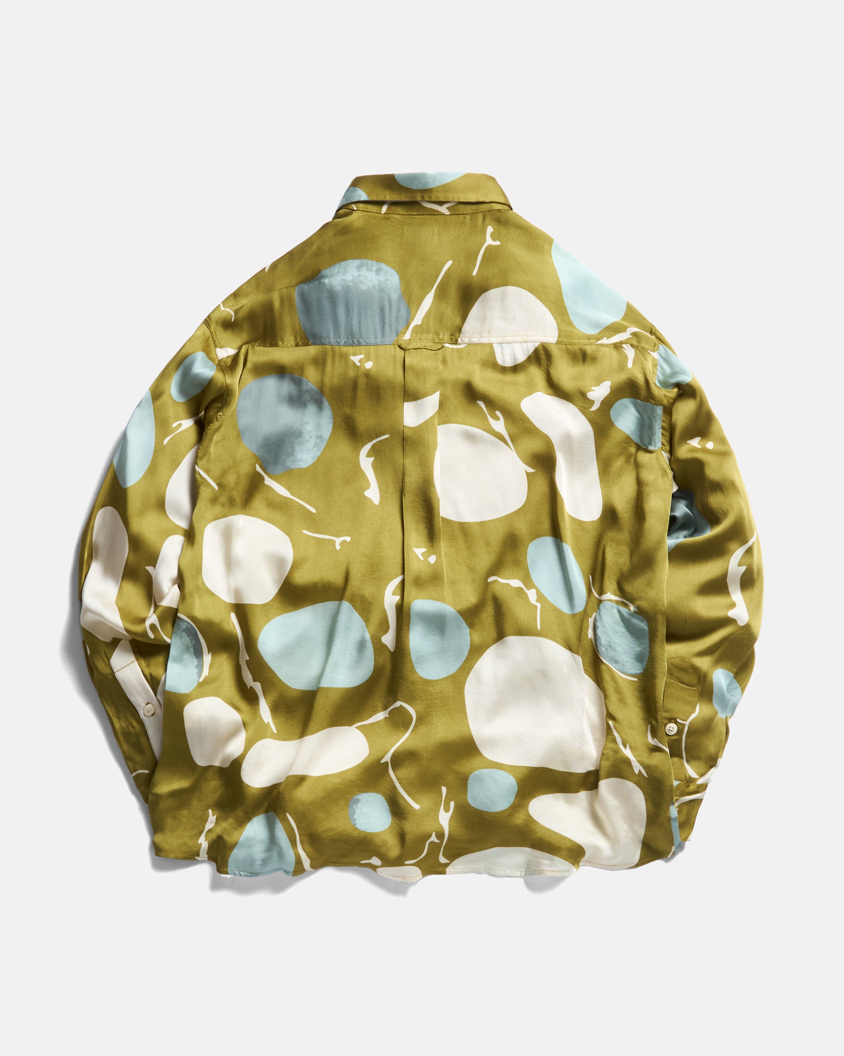 ELLIS VINTAGE LONG POINT COLLAR SHIRT - OLIVE MOSS RIVERBED ROCKS PRINTED VEGAN SILK