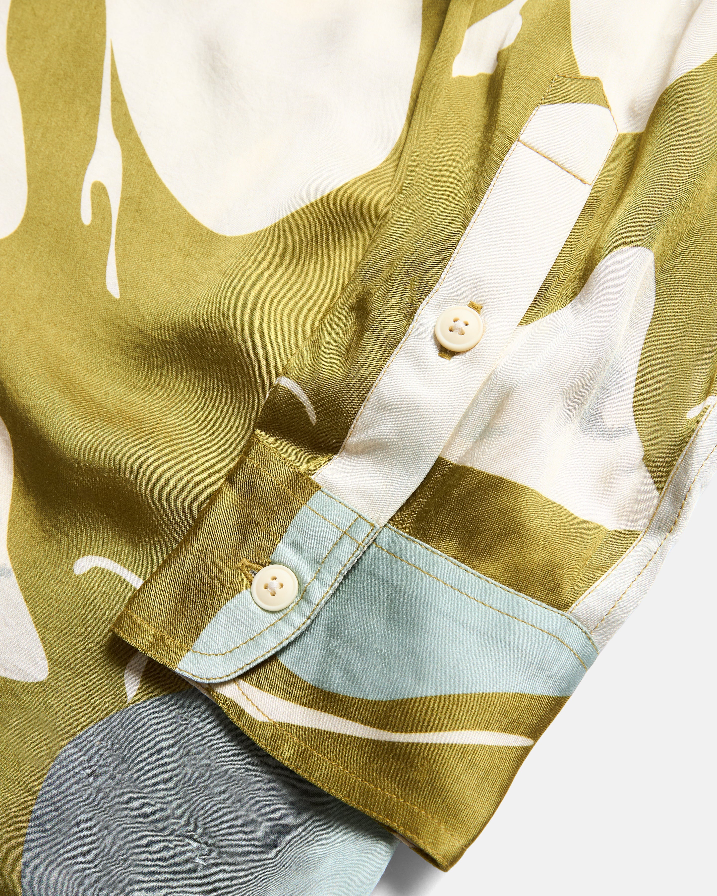 ELLIS VINTAGE LONG POINT COLLAR SHIRT - OLIVE MOSS RIVERBED ROCKS PRINTED VEGAN SILK