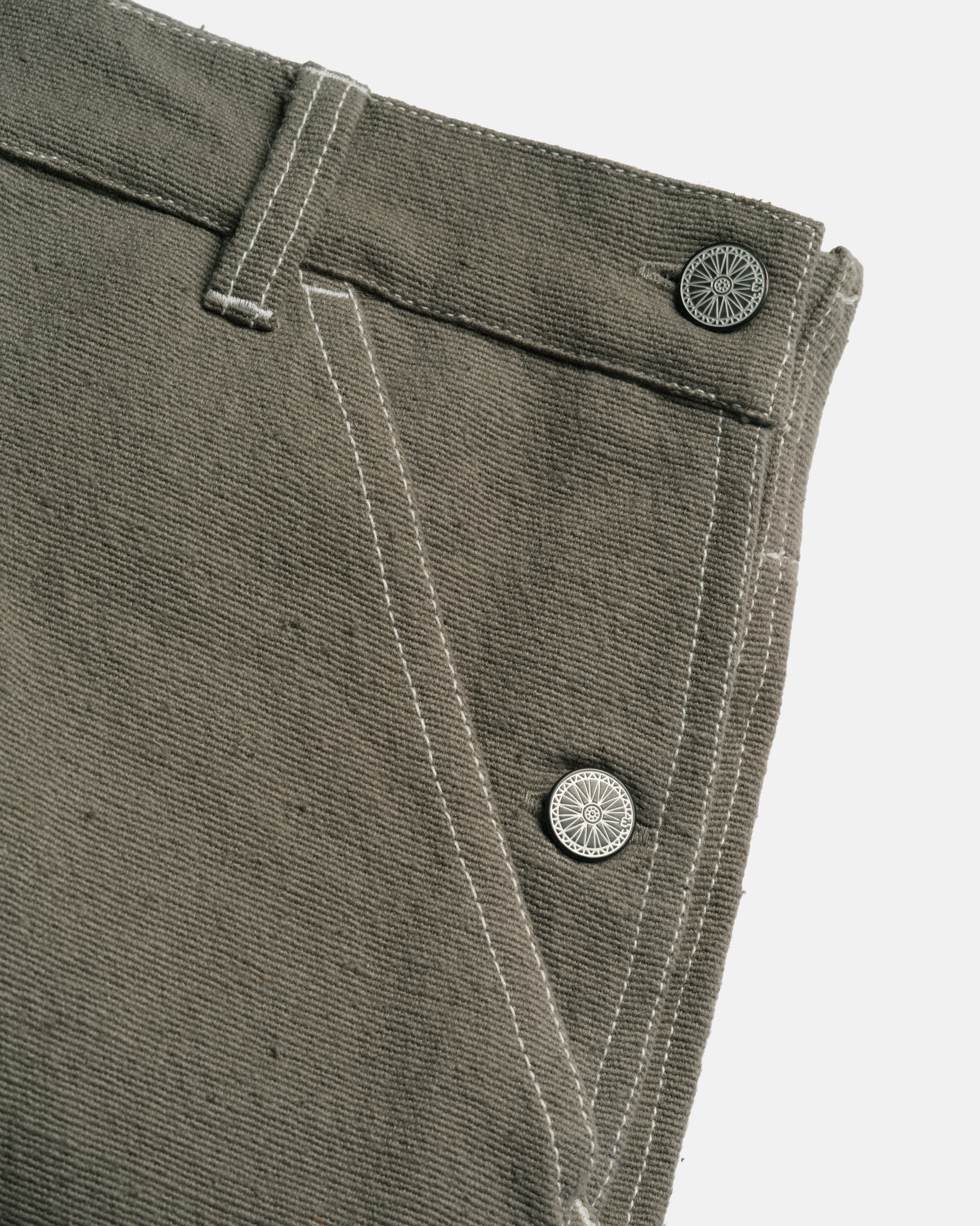 ELI HAND-EMBROIDERED DOUBLE KNEE WORK PANT - AGED SAGE HANDSPUN COTTON CANVAS