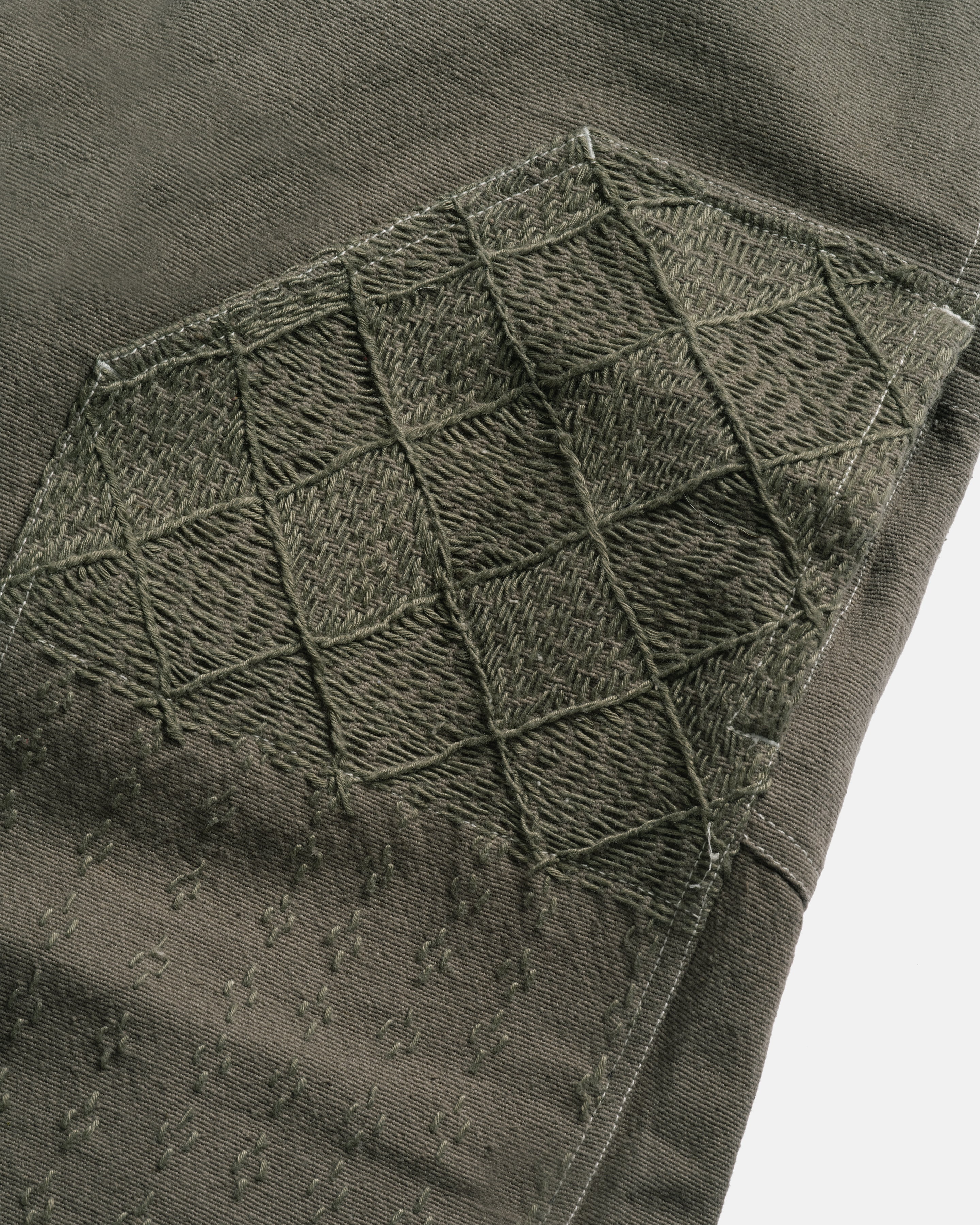 ELI HAND-EMBROIDERED DOUBLE KNEE WORK PANT - AGED SAGE HANDSPUN COTTON CANVAS