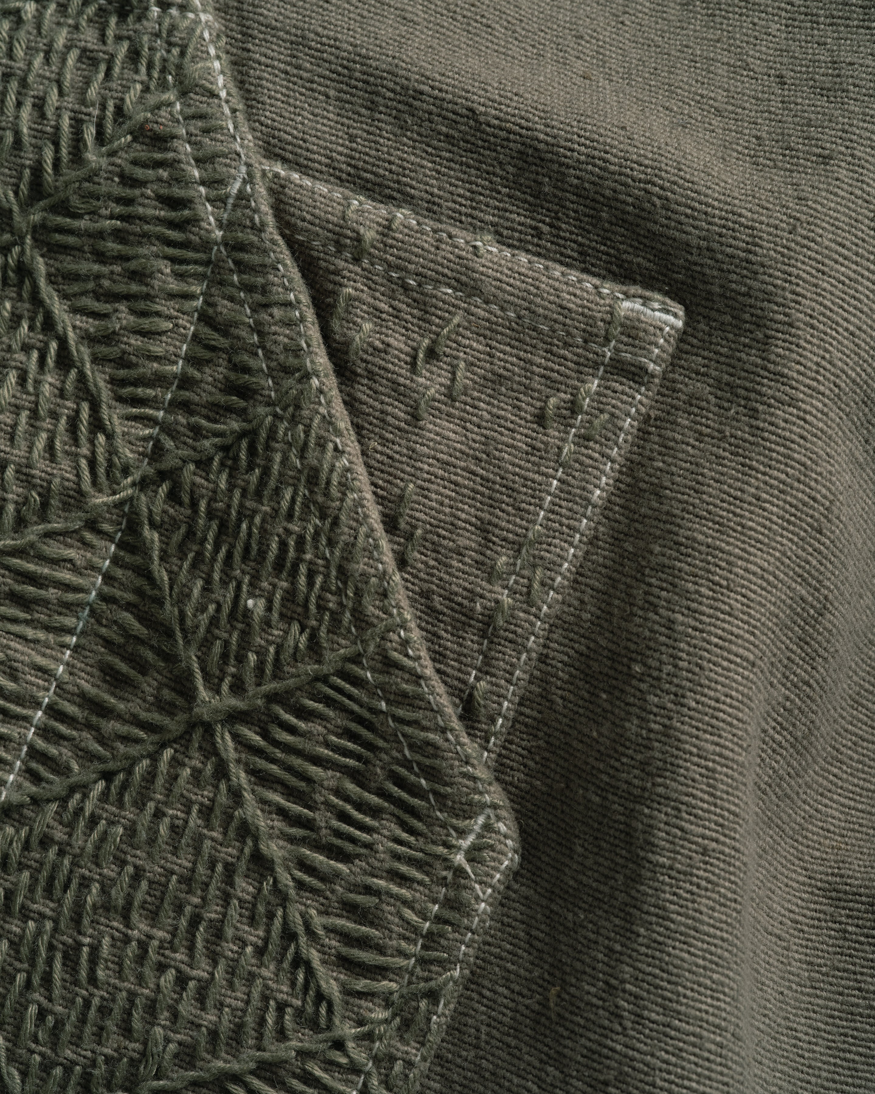 ELI HAND-EMBROIDERED DOUBLE KNEE WORK PANT - AGED SAGE HANDSPUN COTTON CANVAS