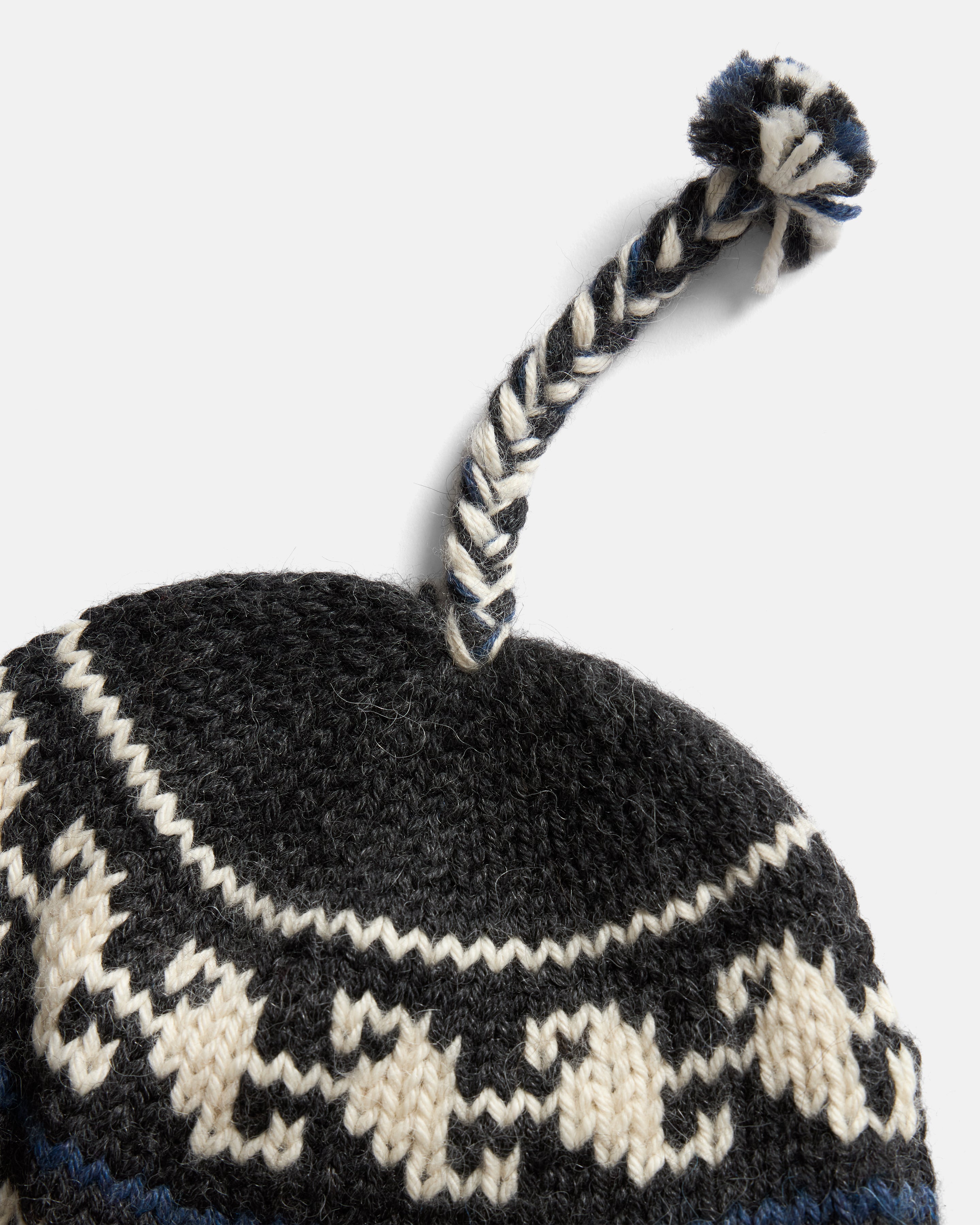 LIAM HANDLOOM KNITTED EARFLAP BEANIE - SLATE GRAY / ECRU / INDIGO BABY ALPACA