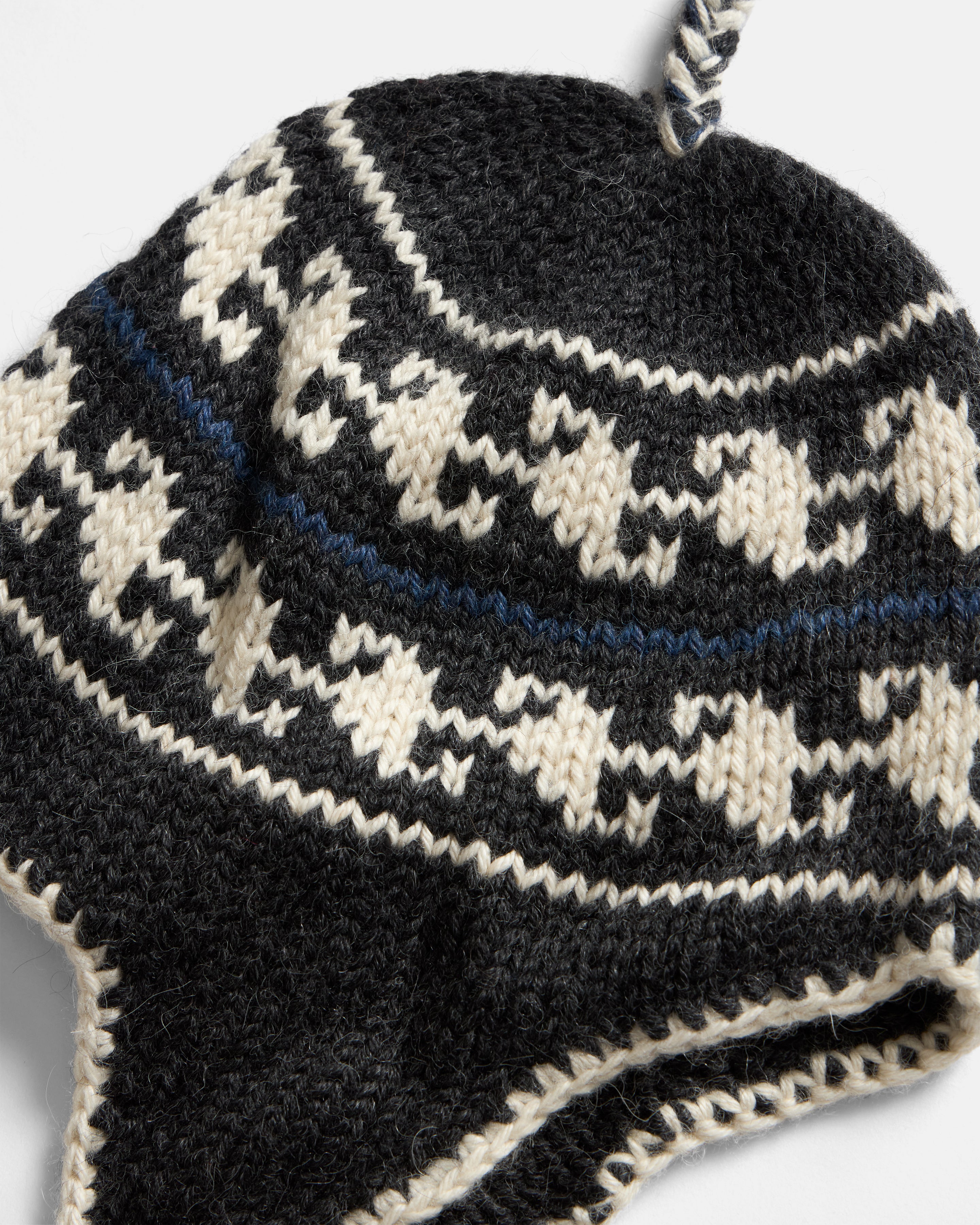 LIAM HANDLOOM KNITTED EARFLAP BEANIE - SLATE GRAY / ECRU / INDIGO