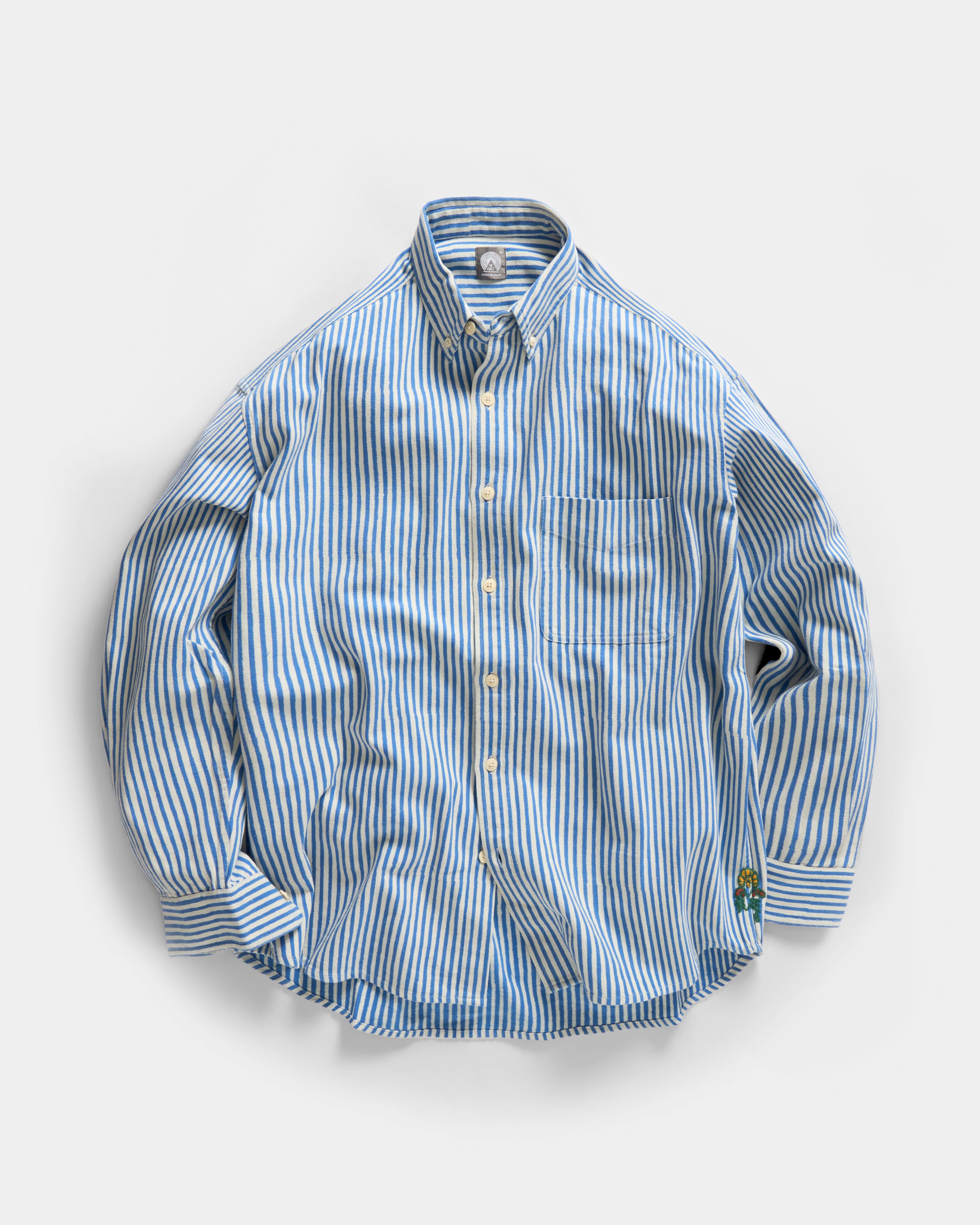 WOLF BUTTON-DOWN SHIRT - NATURAL INDIGO / ECRU HAND-BLOCK PRINTED DISCHARGE STRIPED COTTON OXFORD