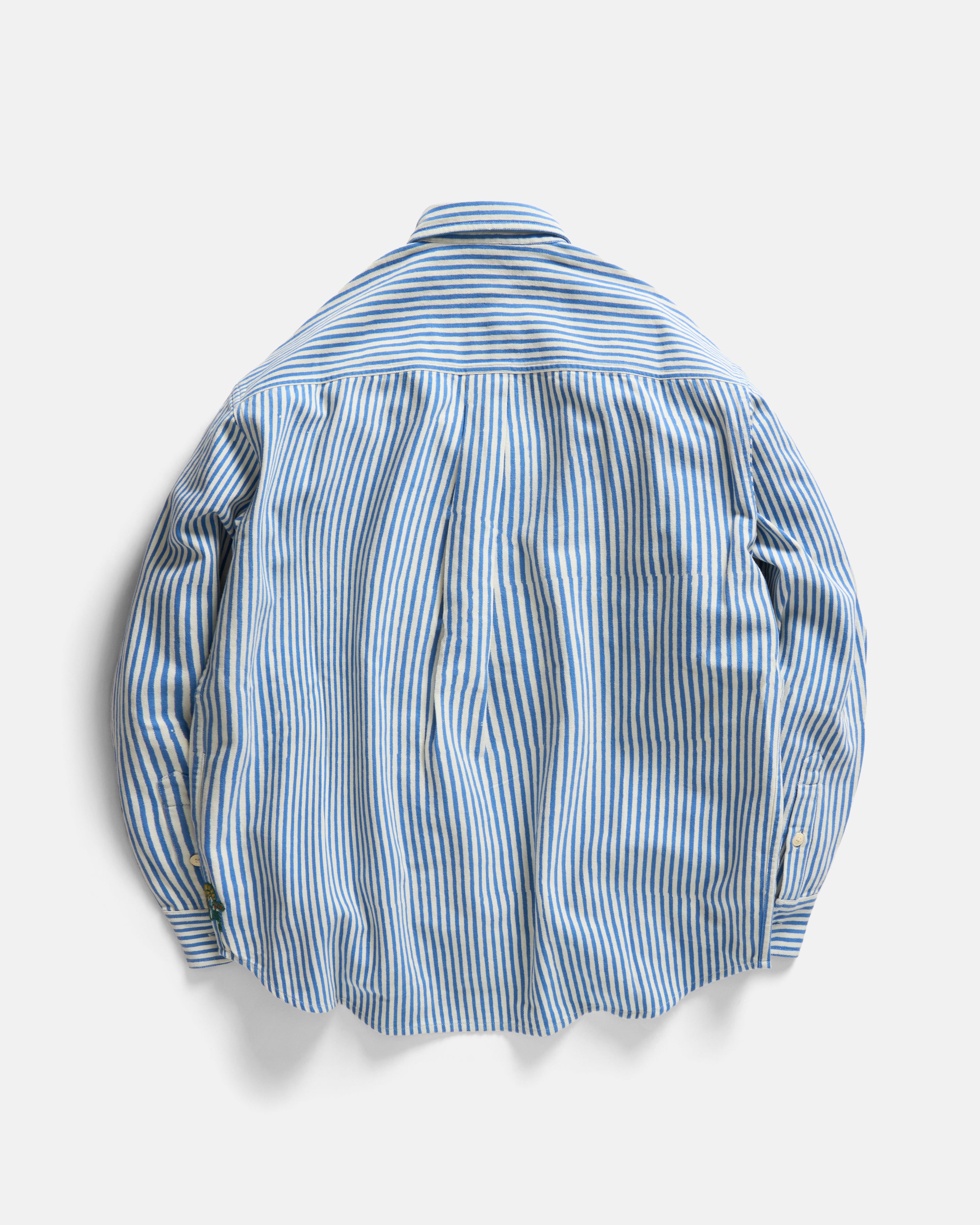 WOLF BUTTON-DOWN SHIRT - NATURAL INDIGO / ECRU HAND-BLOCK PRINTED DISCHARGE STRIPED COTTON OXFORD