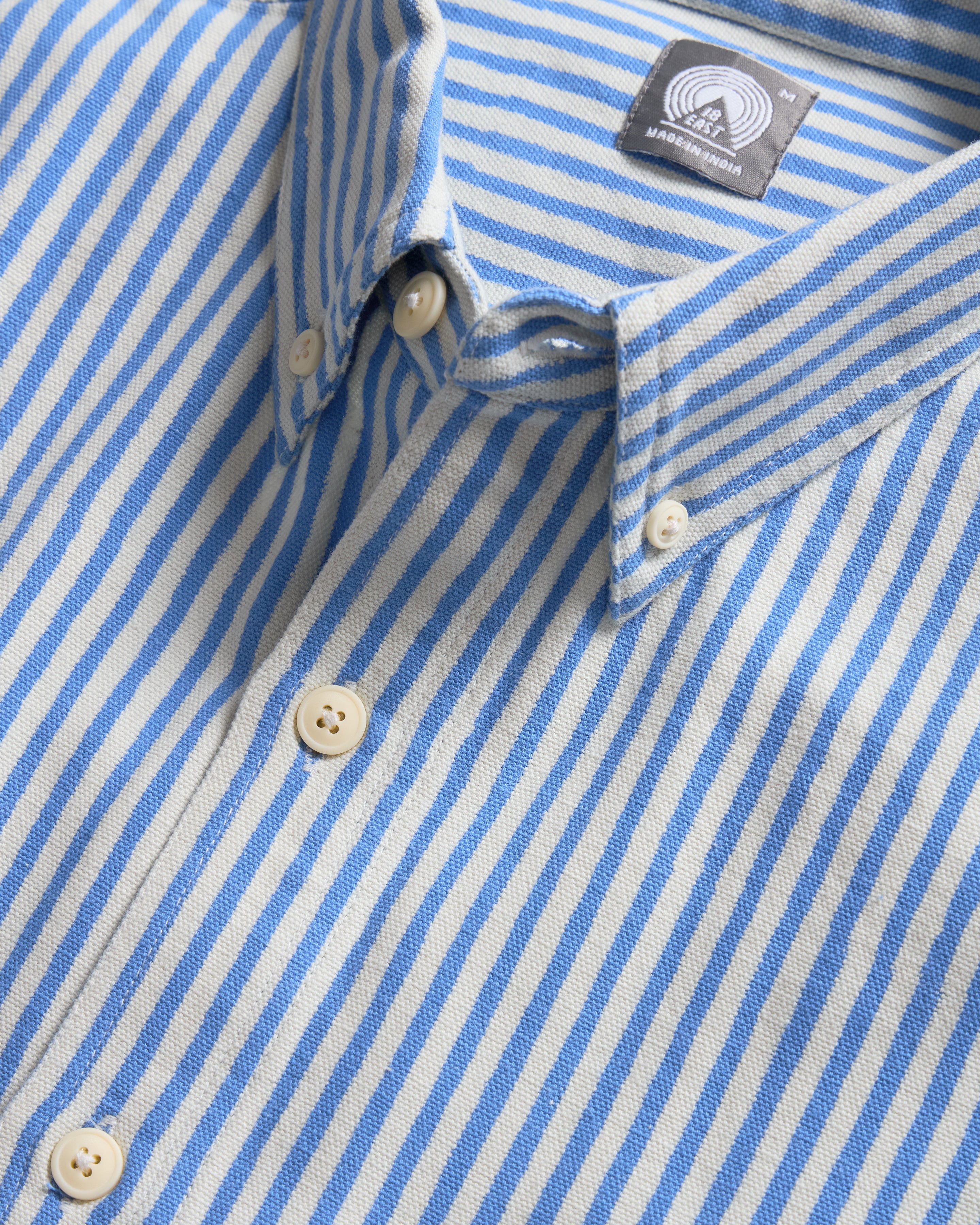 WOLF BUTTON-DOWN SHIRT - NATURAL INDIGO / ECRU HAND-BLOCK PRINTED DISCHARGE STRIPED COTTON OXFORD