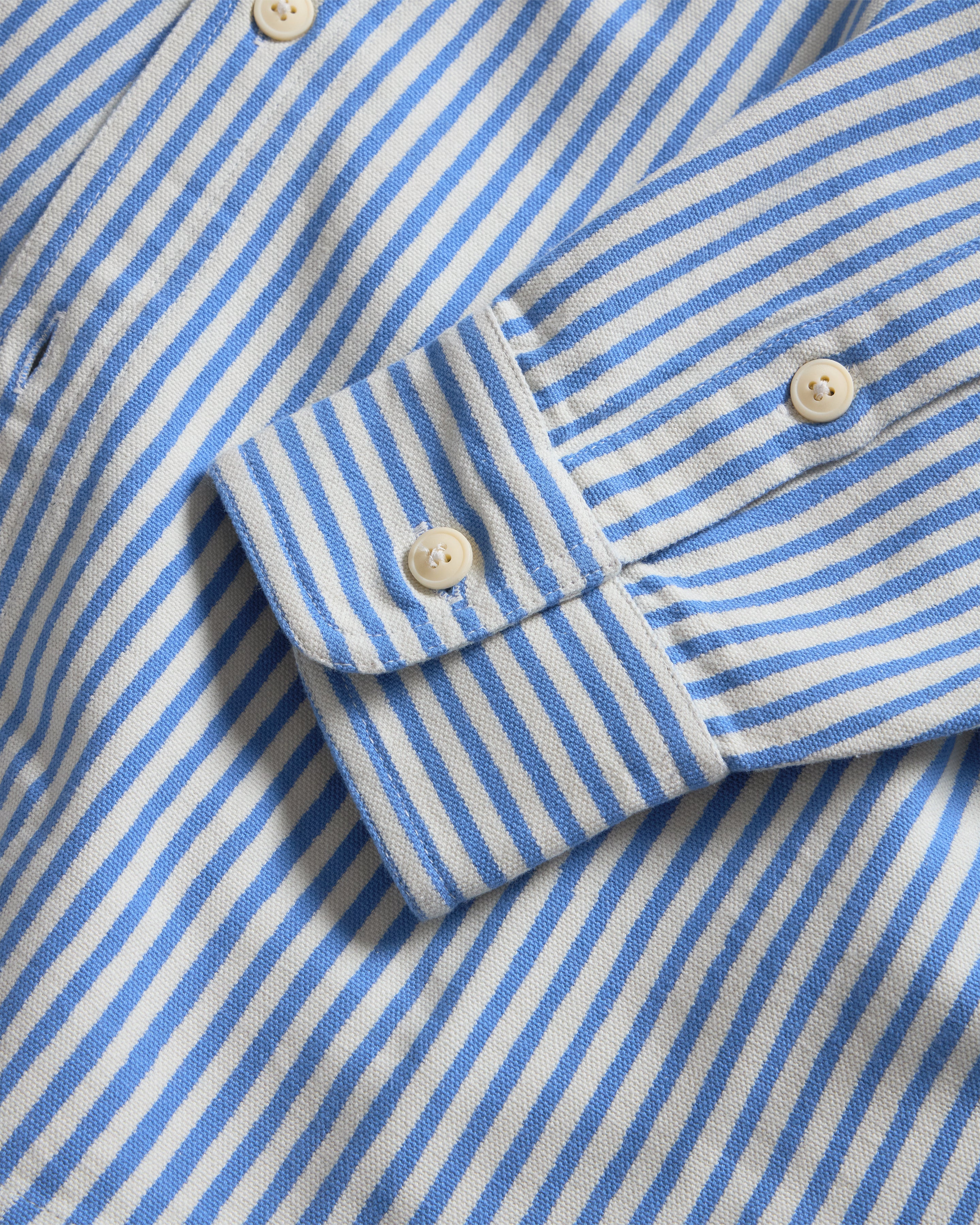 WOLF BUTTON-DOWN SHIRT - NATURAL INDIGO / ECRU HAND-BLOCK PRINTED DISCHARGE STRIPED COTTON OXFORD