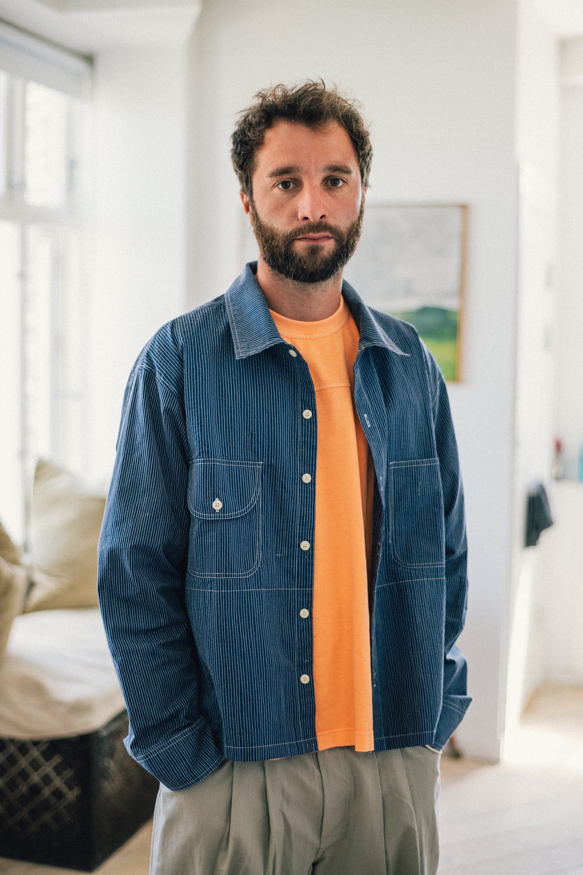 CROPPED OUTWORKER SHACKET - HABITAT BLUE COTTON CAMBRIC WITH ECRU EMBROIDERED PENCIL STRIPES