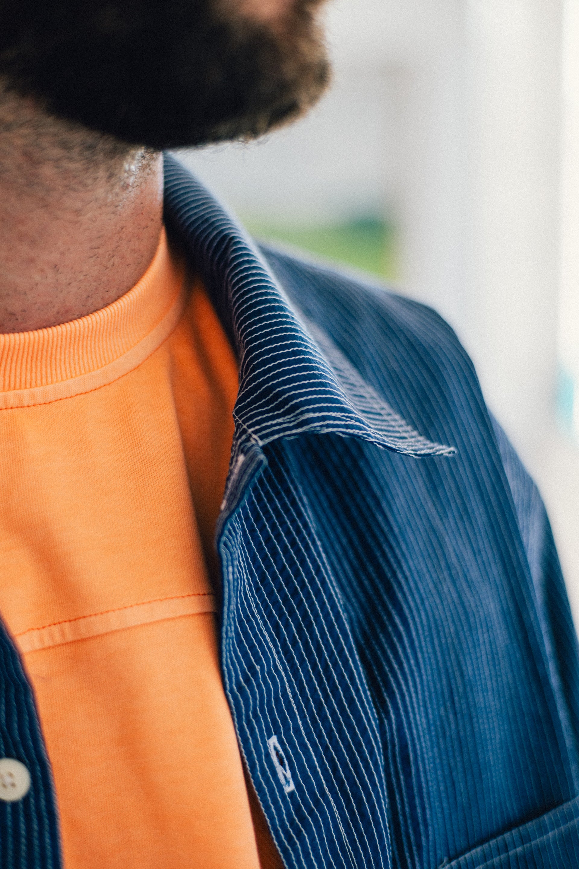 CROPPED OUTWORKER SHACKET - HABITAT BLUE COTTON CAMBRIC WITH ECRU EMBROIDERED PENCIL STRIPES