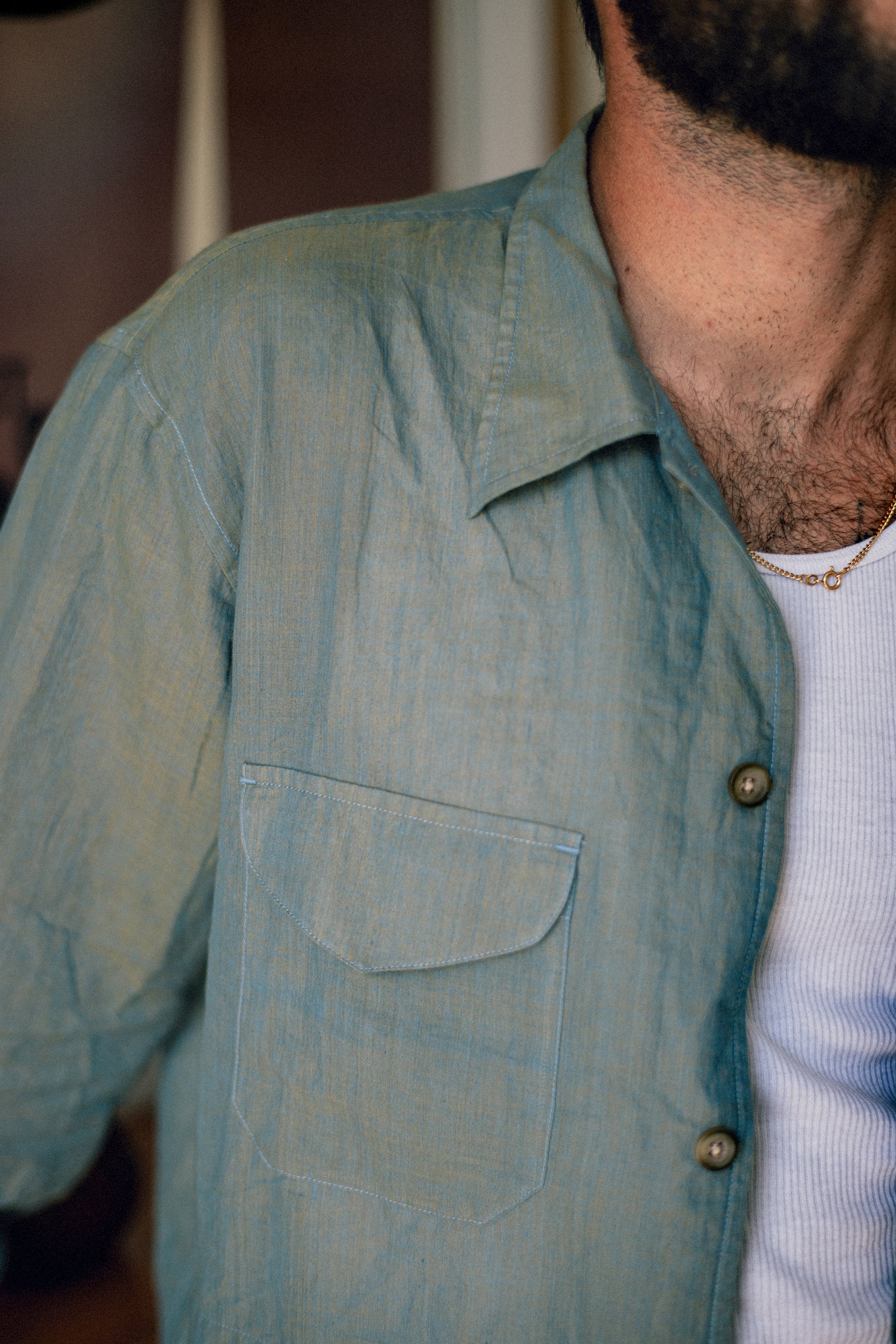 ORANI STRAIGHT HEM WORK SHIRT - NATURAL INDIGO / KELP MELANGE FEATHERWEIGHT KHADI
