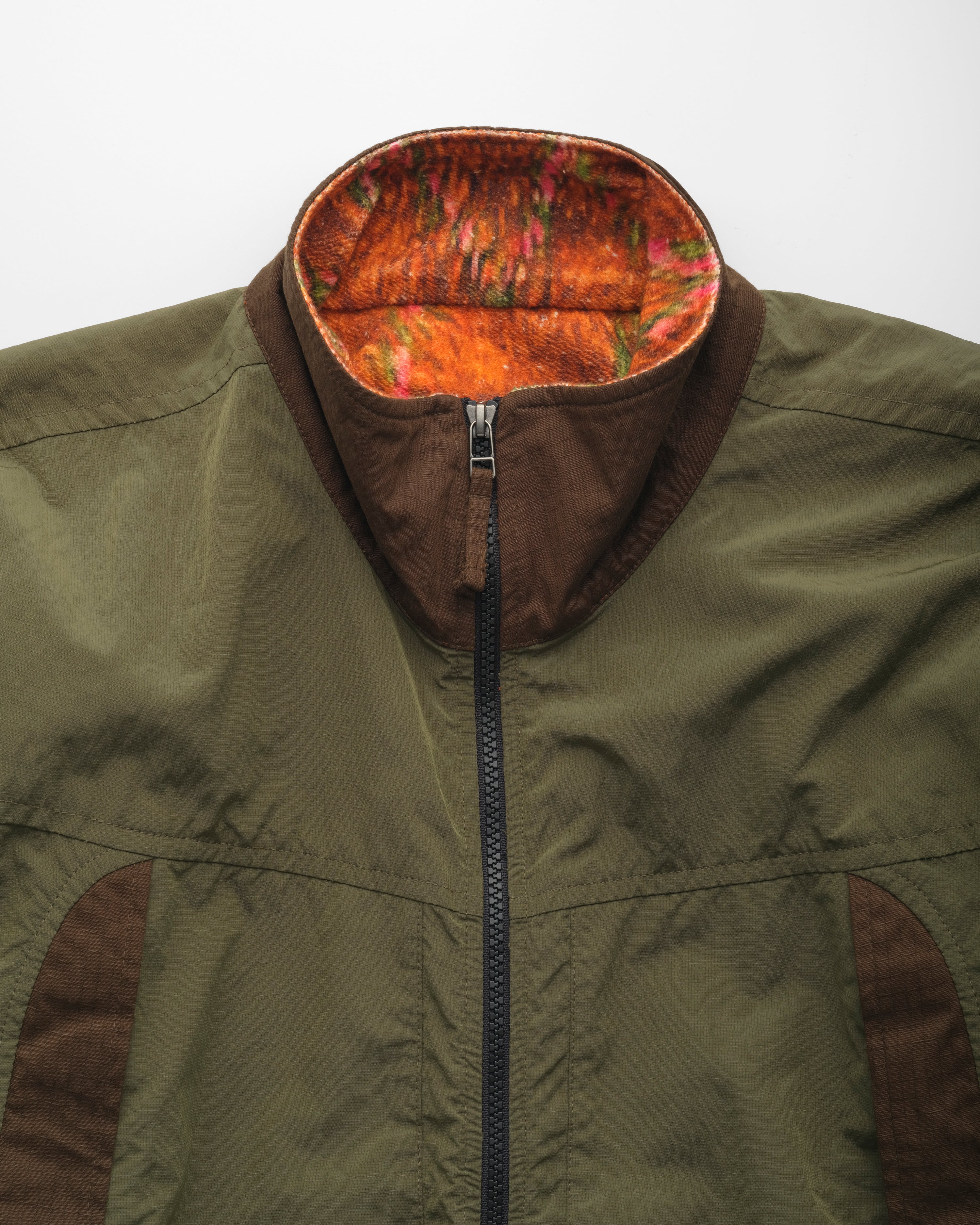 PLU REVERSIBLE MONSTER JACKET - O.D. GREEN WATER-REPELLENT MICRO RIPSTOP NYLON / GINGER TROMPE L'OEIL AZILAL REVERSE LOOPBACK TERRY