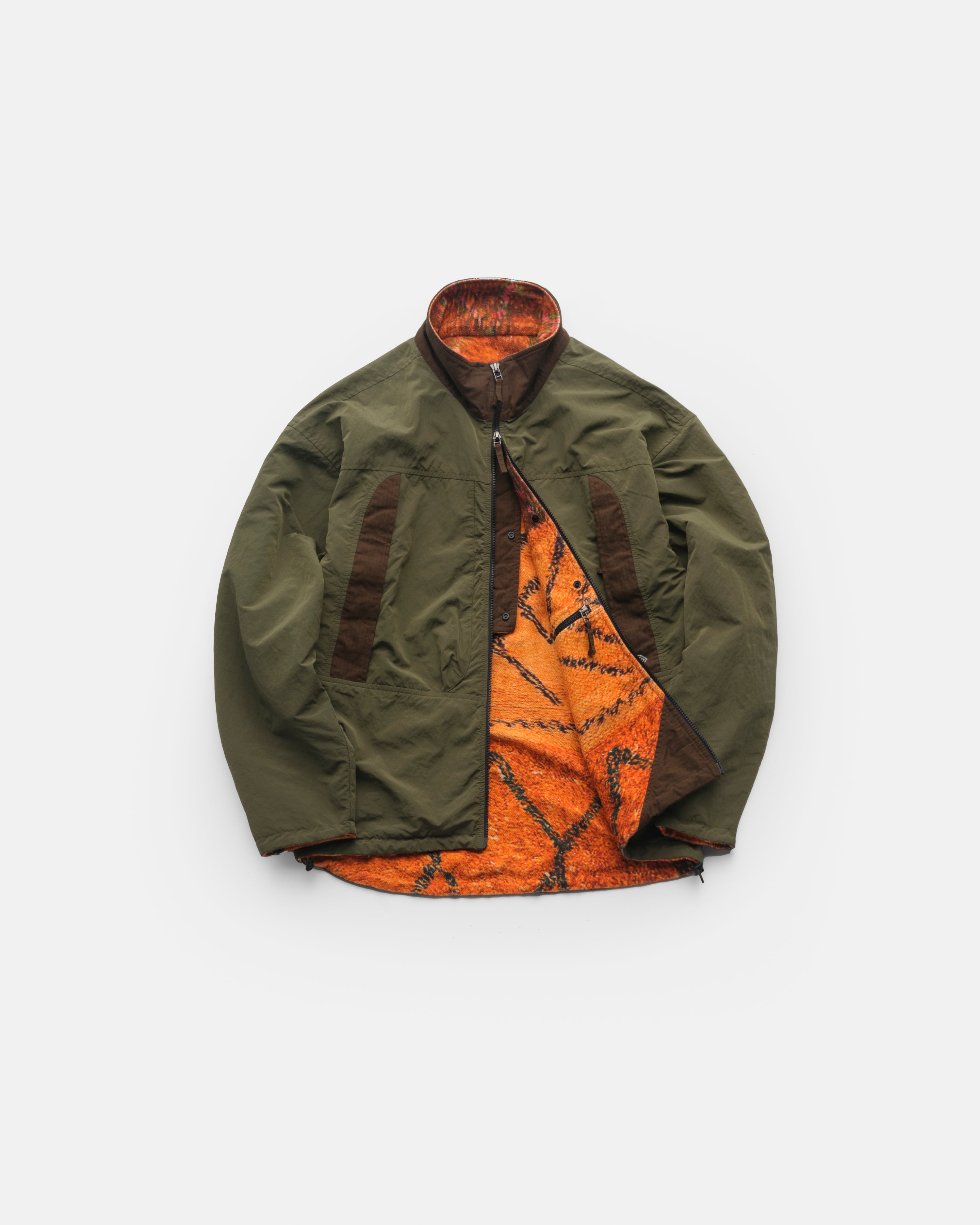 PLU REVERSIBLE MONSTER JACKET - O.D. GREEN WATER-REPELLENT MICRO RIPSTOP NYLON / GINGER TROMPE L'OEIL AZILAL REVERSE LOOPBACK TERRY