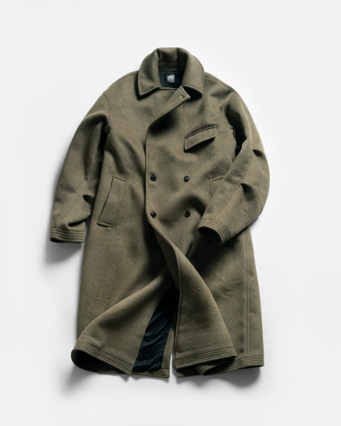 DOUBLE BREASTED BRIDGE COAT - OLIVE MELANGE WOOL MELTON – 18 East