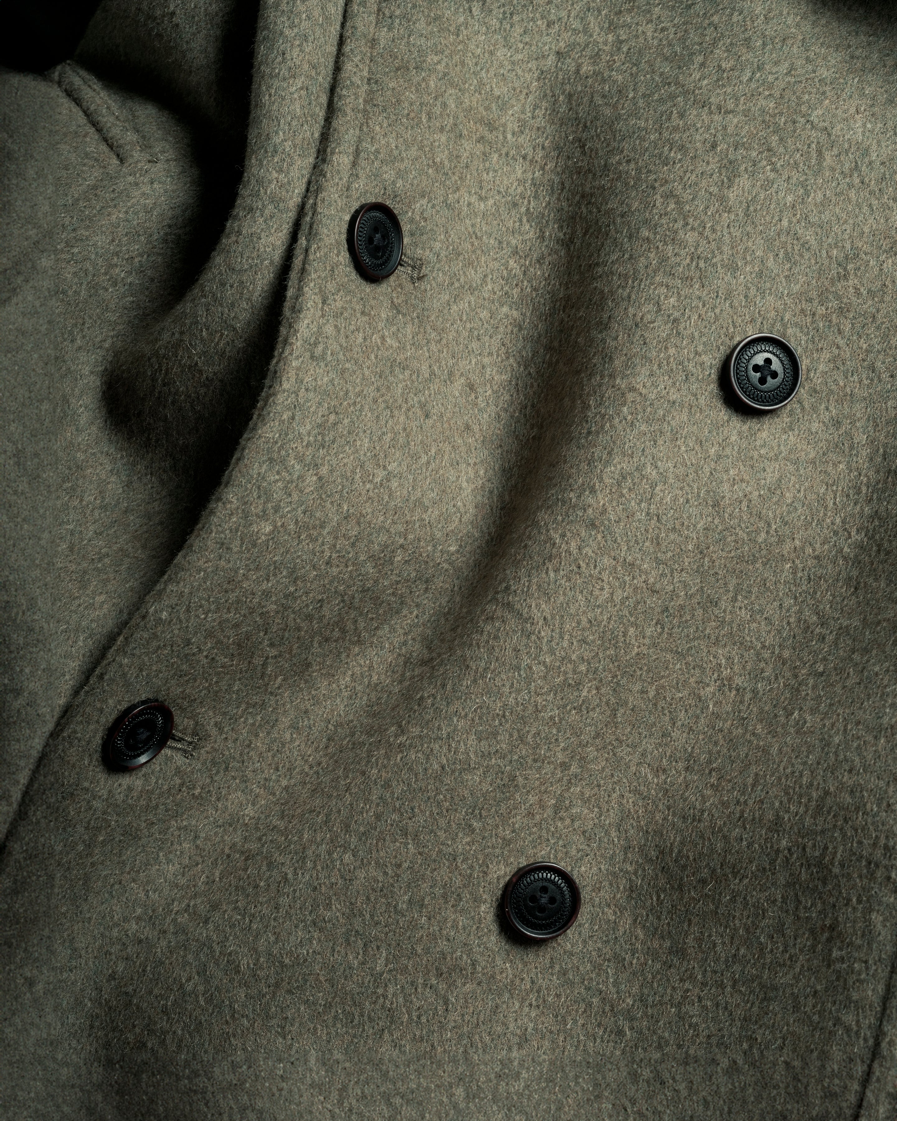 DOUBLE BREASTED BRIDGE COAT - OLIVE MELANGE WOOL MELTON