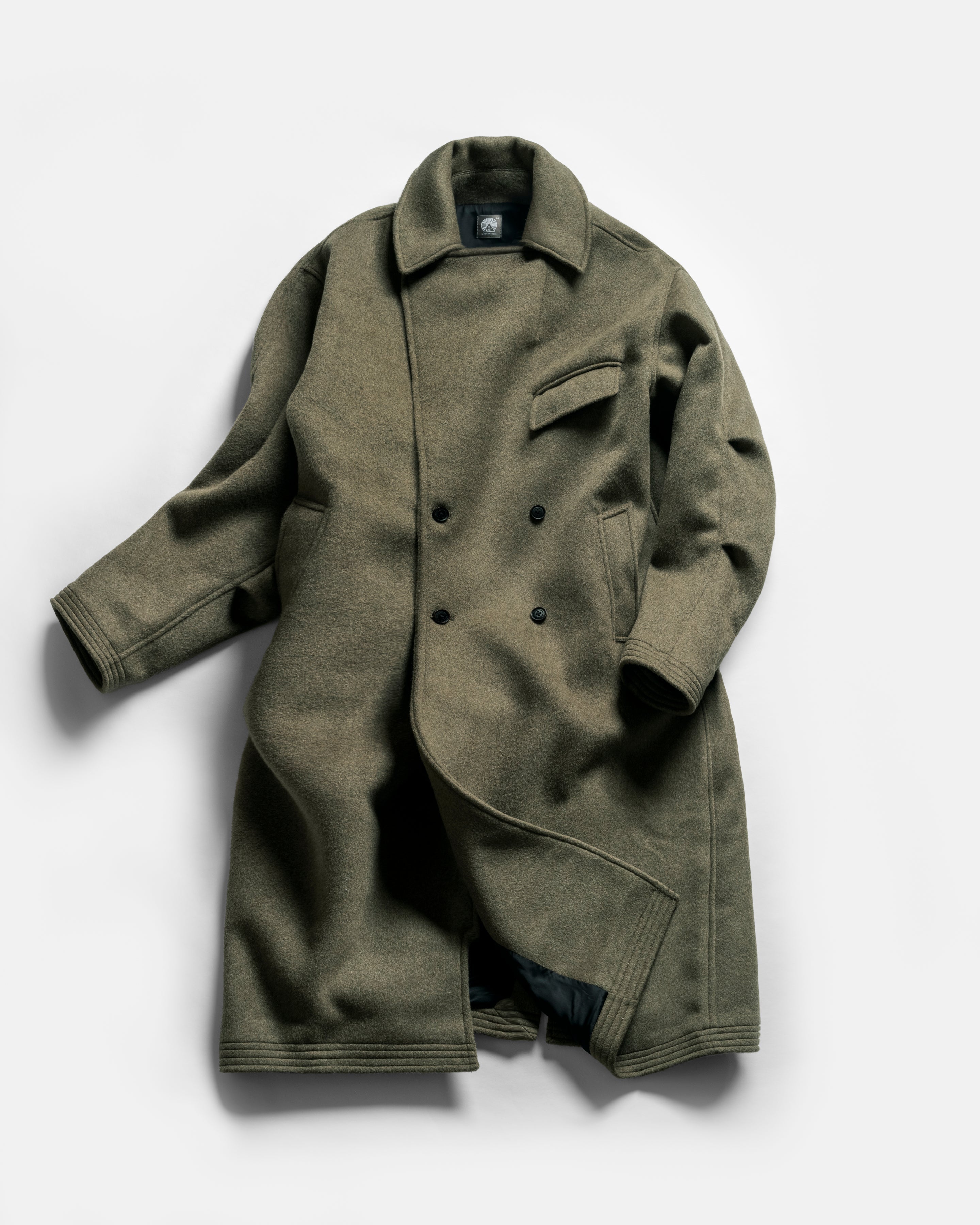 DOUBLE BREASTED BRIDGE COAT - OLIVE MELANGE WOOL MELTON – 18 East