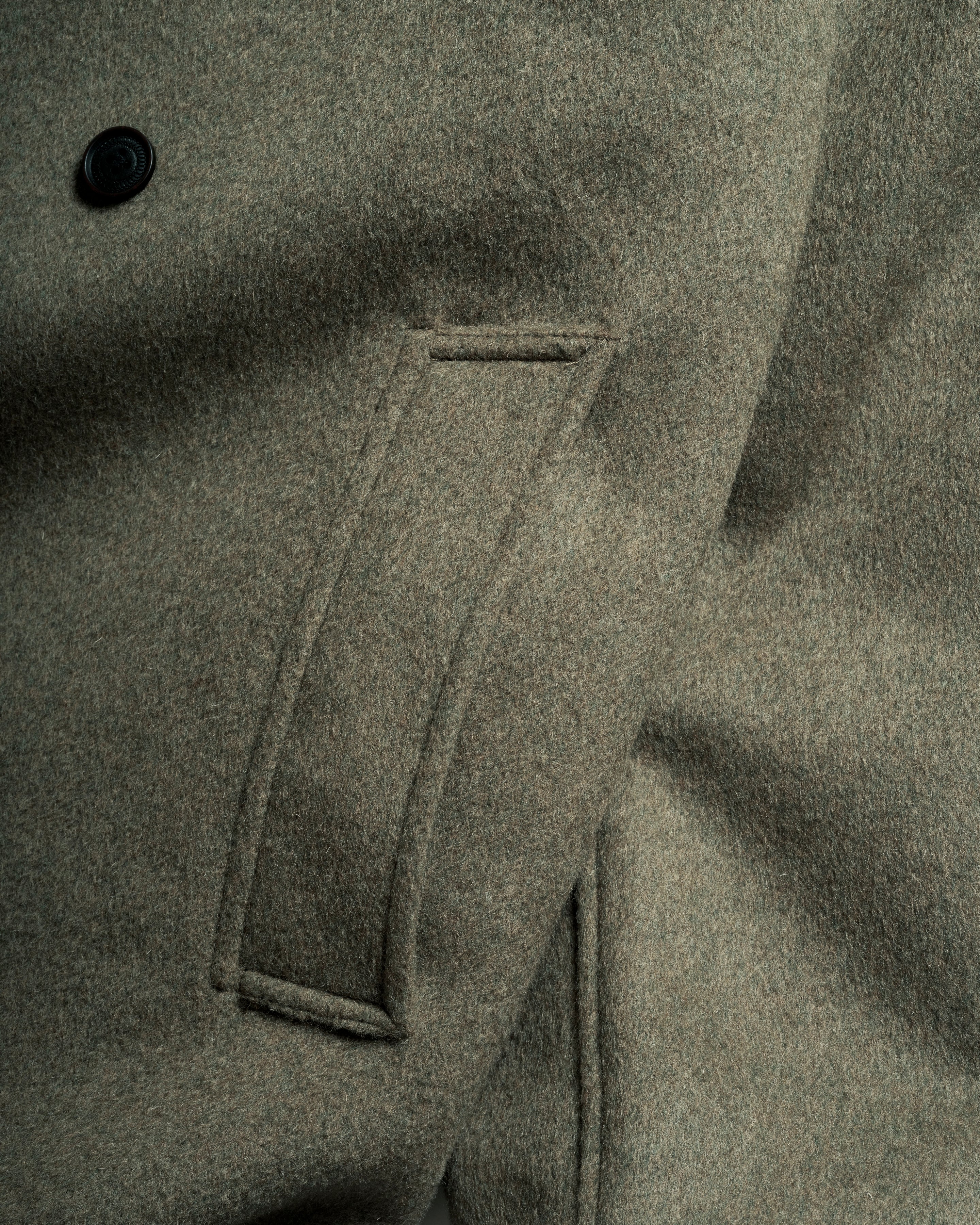 DOUBLE BREASTED BRIDGE COAT - OLIVE MELANGE WOOL MELTON