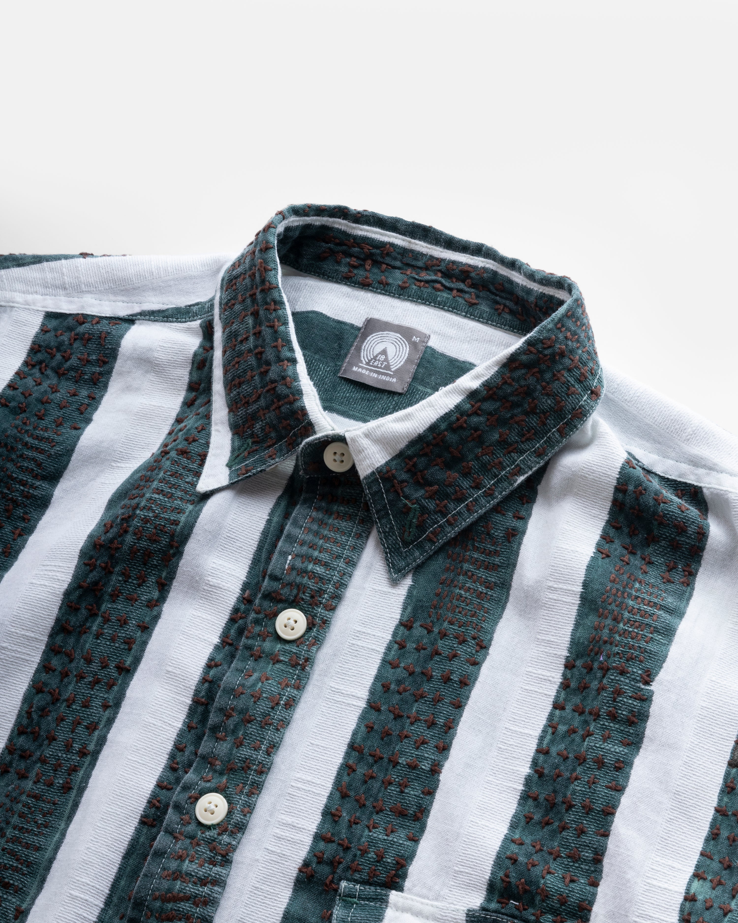 CHESTNUT BUTTON-DOWN SHIRT - NATURAL / BOTTLE / CAFFE BLOCK PRINTED AND HAND EMBROIDERED JACQUARD STRIPE COTTON