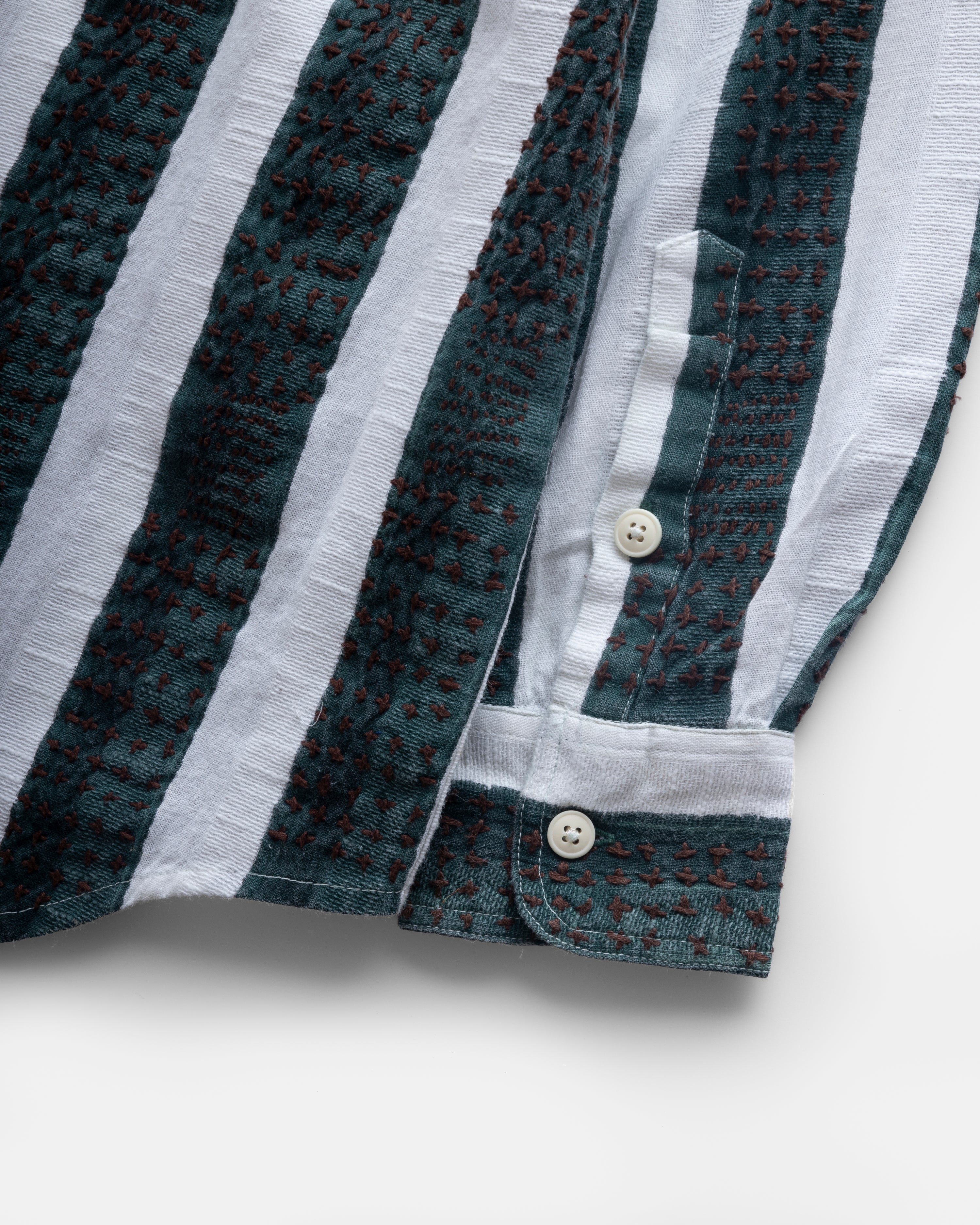 CHESTNUT BUTTON-DOWN SHIRT - NATURAL / BOTTLE / CAFFE BLOCK PRINTED AND HAND EMBROIDERED JACQUARD STRIPE COTTON