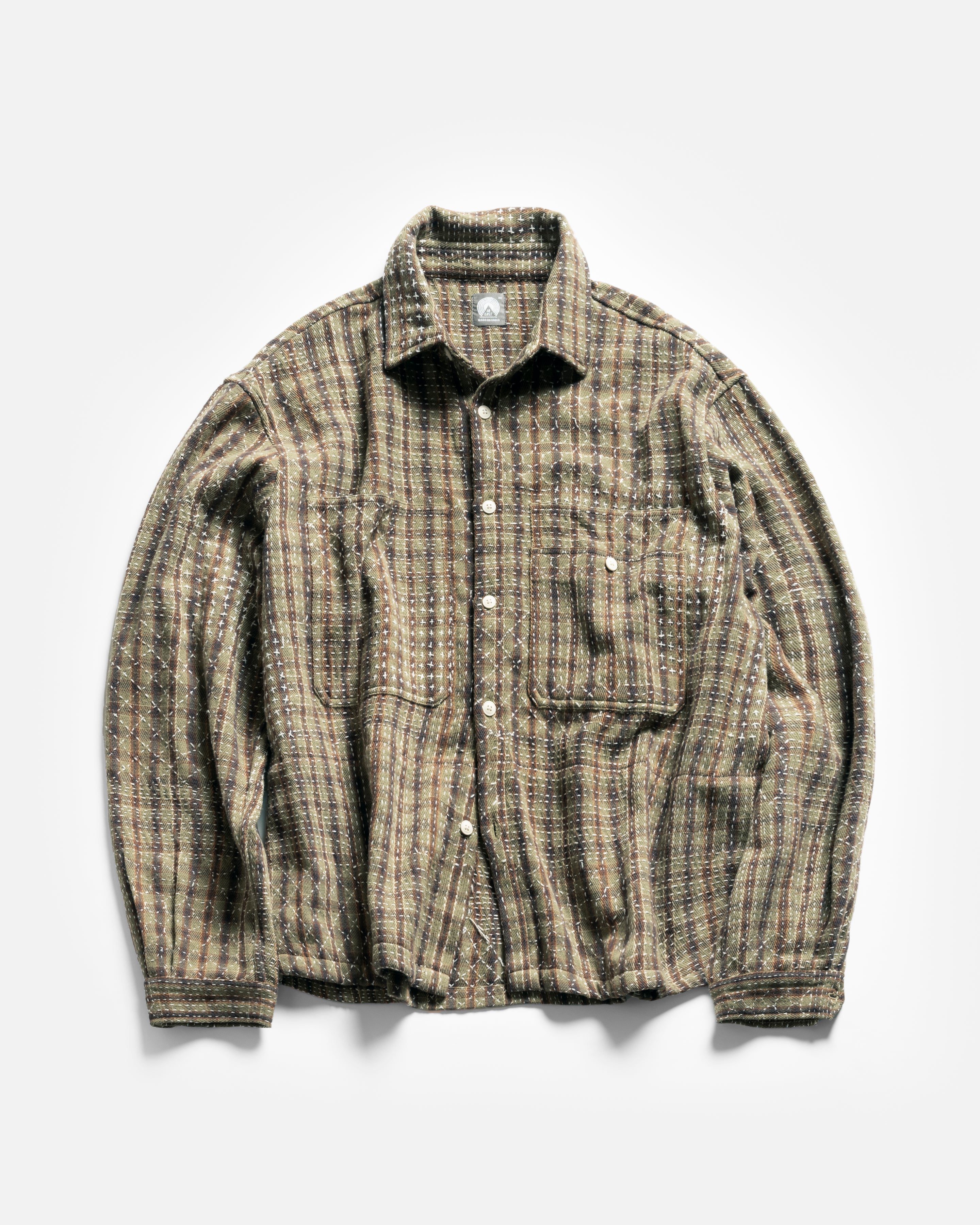 PILCHUCK HAND EMBROIDERED OVERSHIRT - SPLIT PEA / EGGPLANT / WHEAT / AUBURN COTTON FLANNEL WITH UNDYED KANTHA STITCHING