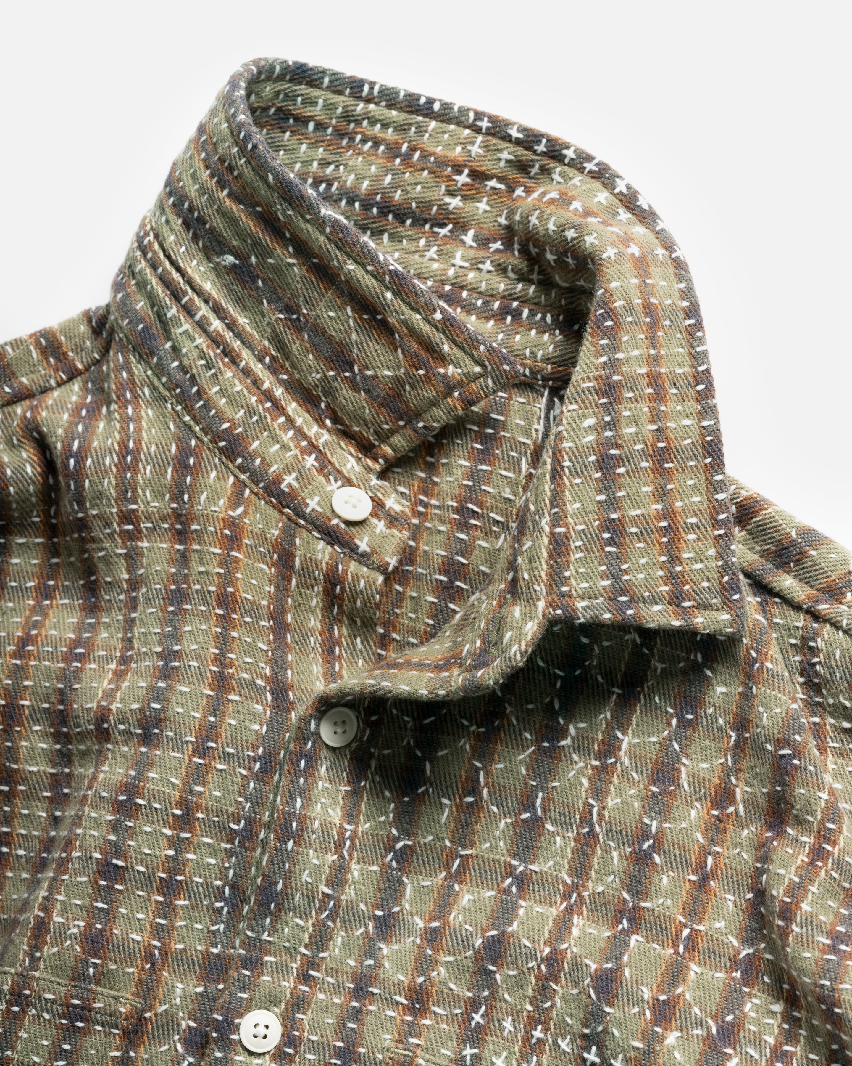 PILCHUCK HAND EMBROIDERED OVERSHIRT - SPLIT PEA / EGGPLANT / WHEAT / AUBURN COTTON FLANNEL WITH UNDYED KANTHA STITCHING