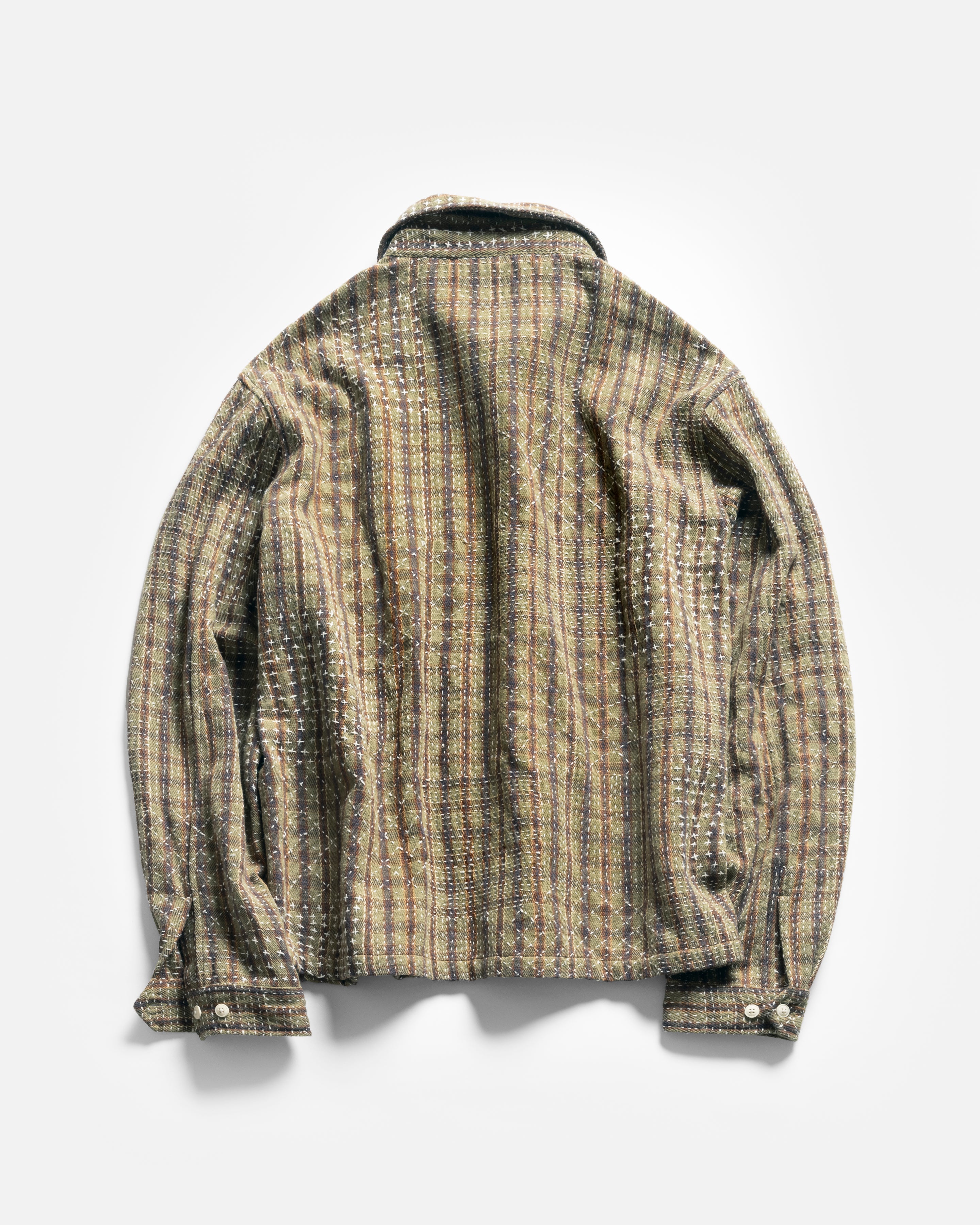 PILCHUCK HAND EMBROIDERED OVERSHIRT - SPLIT PEA / EGGPLANT / WHEAT / AUBURN COTTON FLANNEL WITH UNDYED KANTHA STITCHING