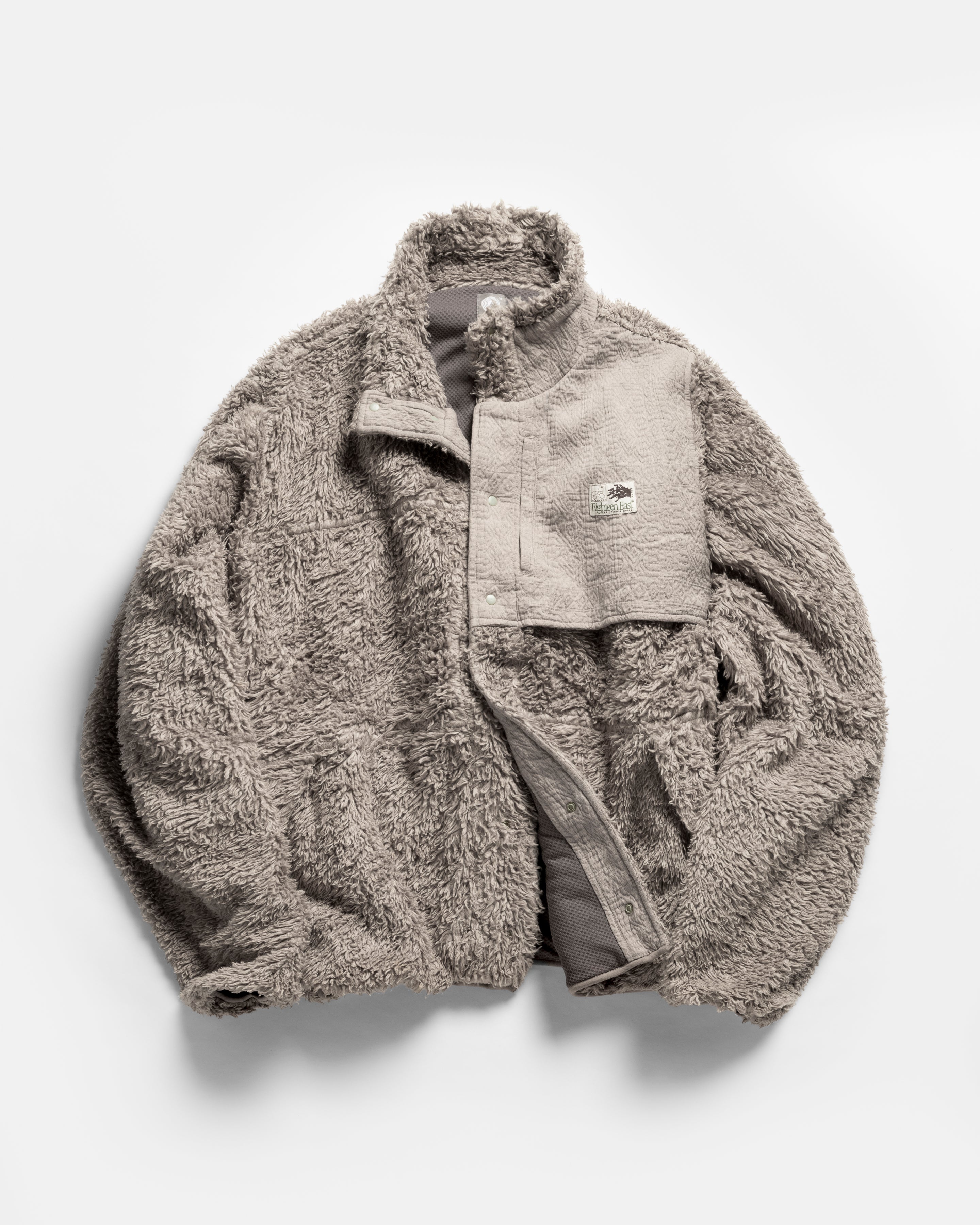 LOOP RD SNAP FRONT JACKET - FADED ALMOND DEEP PILE ORGANIC COTTON FLEECE / DOUBLE WEAVE JACQUARD COTTON