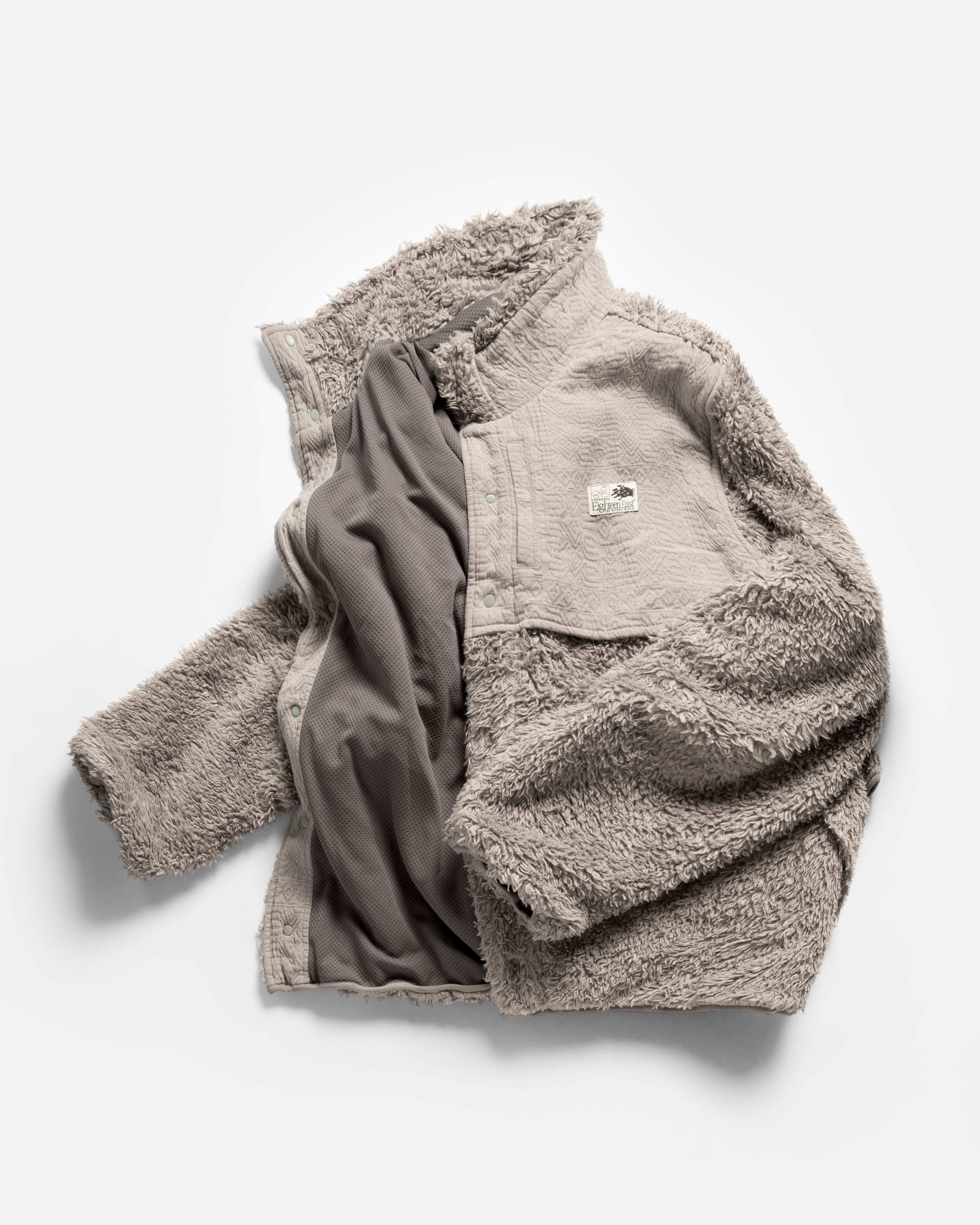 LOOP RD SNAP FRONT JACKET - FADED ALMOND DEEP PILE ORGANIC COTTON FLEECE / DOUBLE WEAVE JACQUARD COTTON