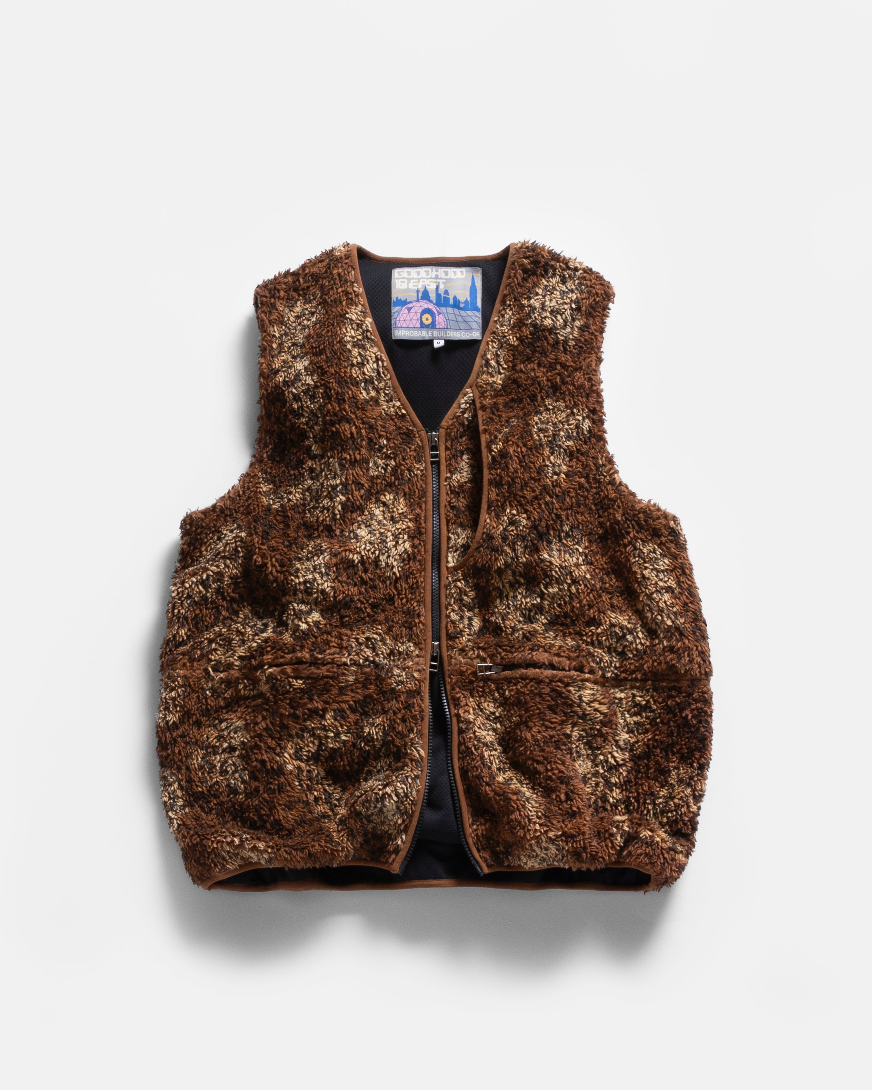 V-NECK LINER VEST - DABU BLOCK PRINTED LEOPARD ORGANIC COTTON SHERPA