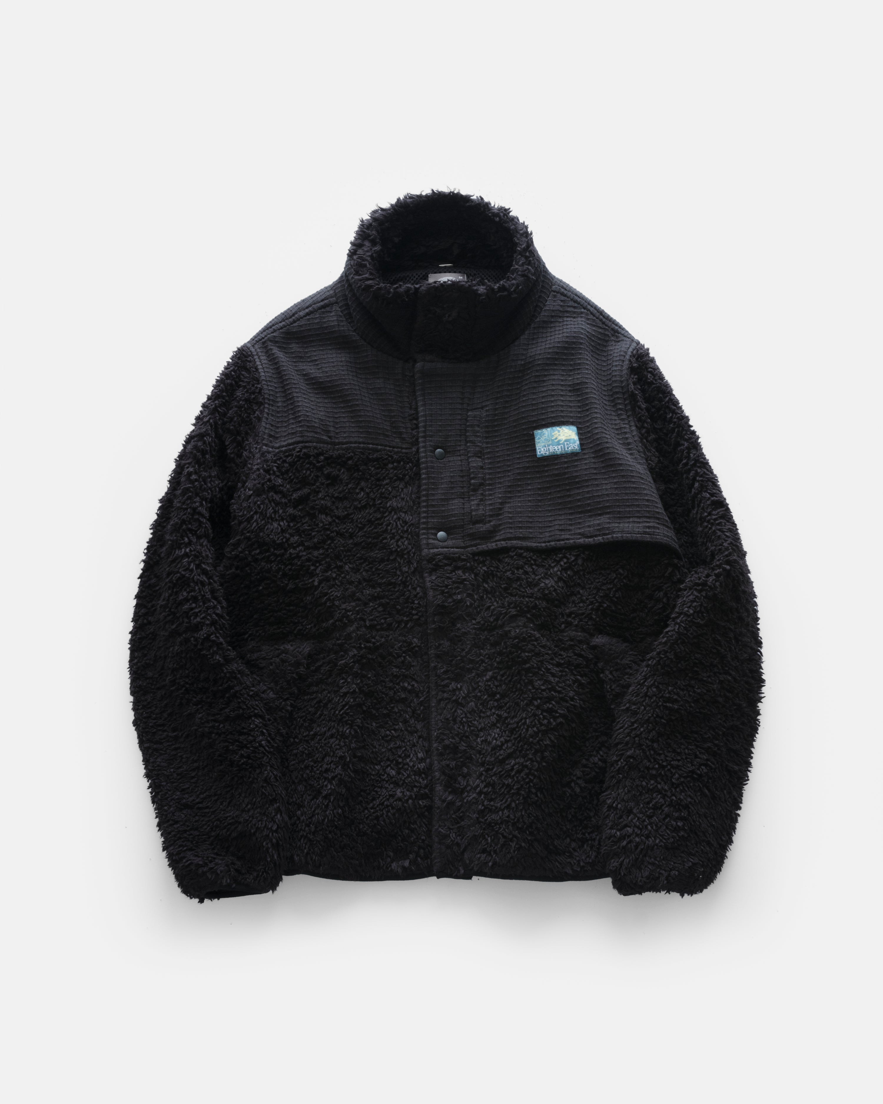 LOOP RD SNAP FRONT JACKET - BLACK DEEP PILE ORGANIC COTTON FLEECE /  EXPLODED RIPSTOP COTTON