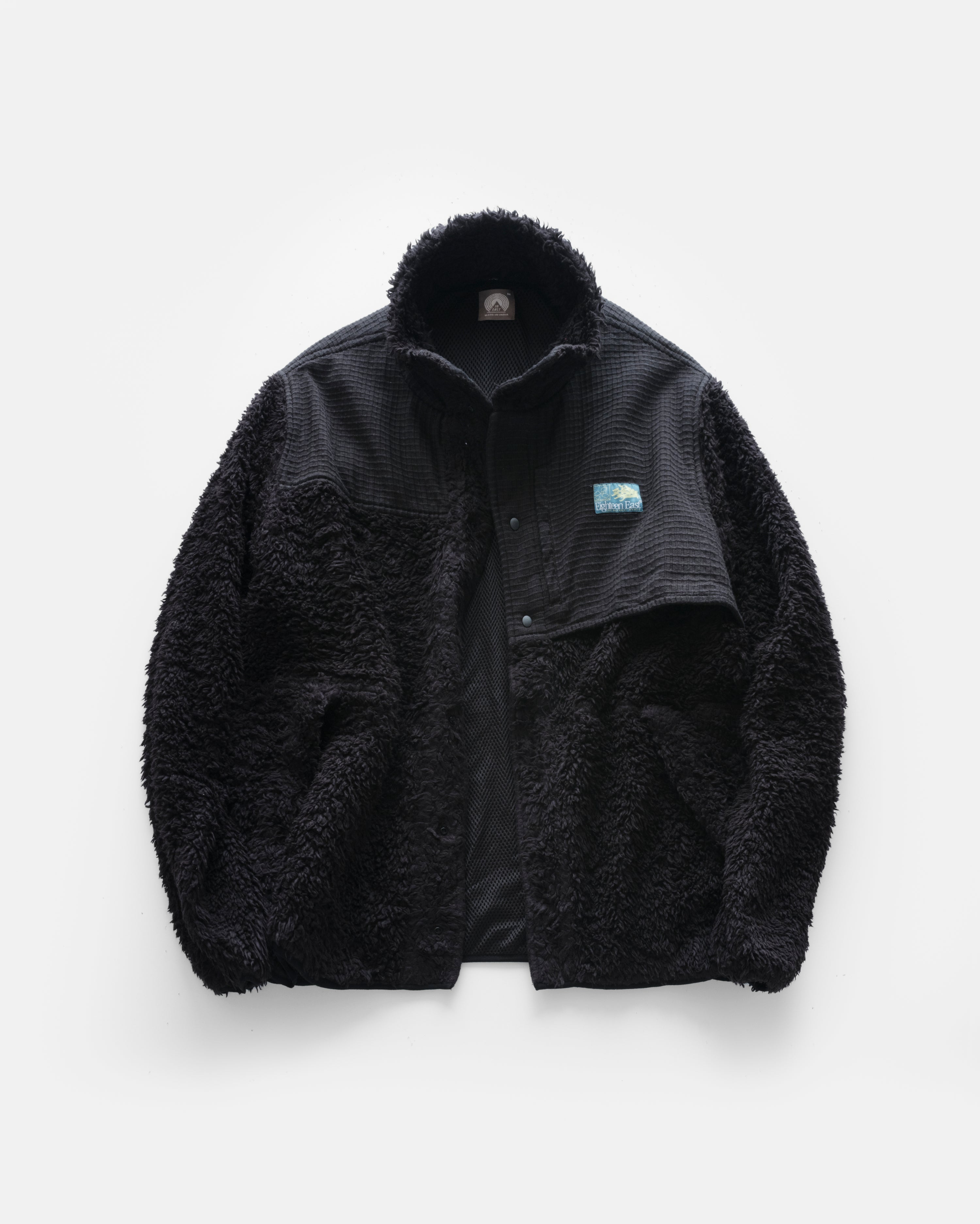 LOOP RD SNAP FRONT JACKET - BLACK DEEP PILE ORGANIC COTTON FLEECE / EXPLODED RIPSTOP COTTON