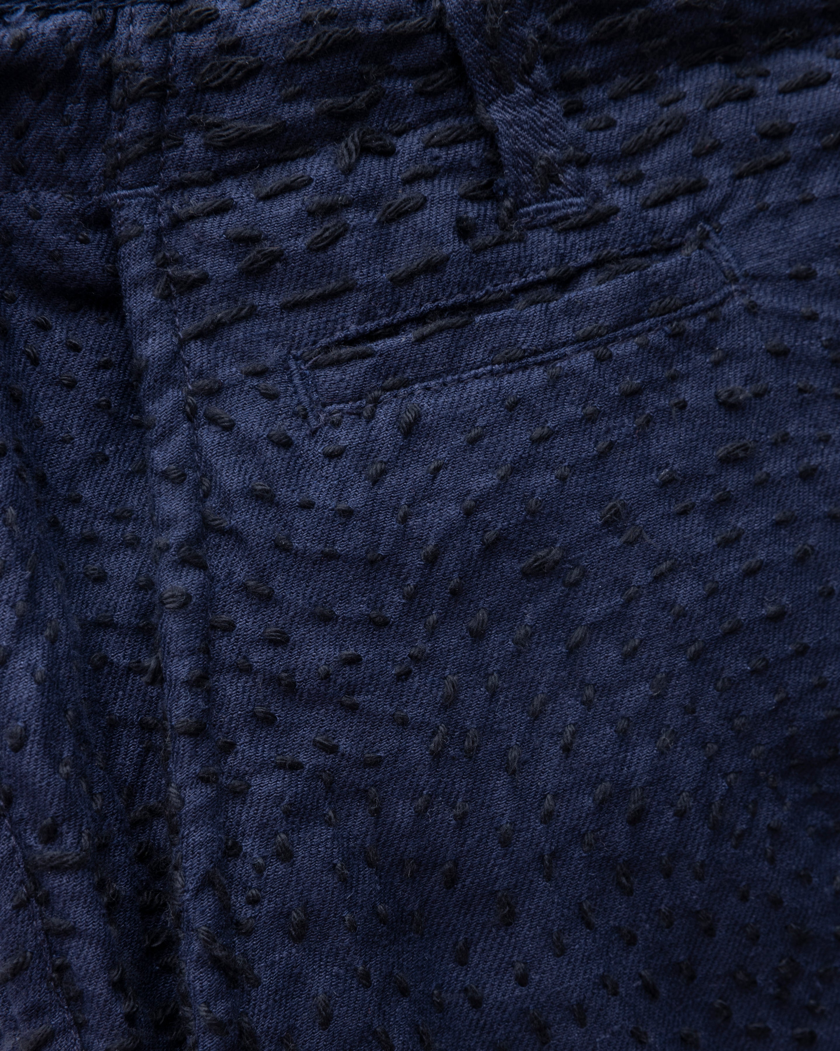 SHELTER PANT - MIDNIGHT NAVY / BLACK PATCHWORK KANTHA STITCHED LINEN TWILL