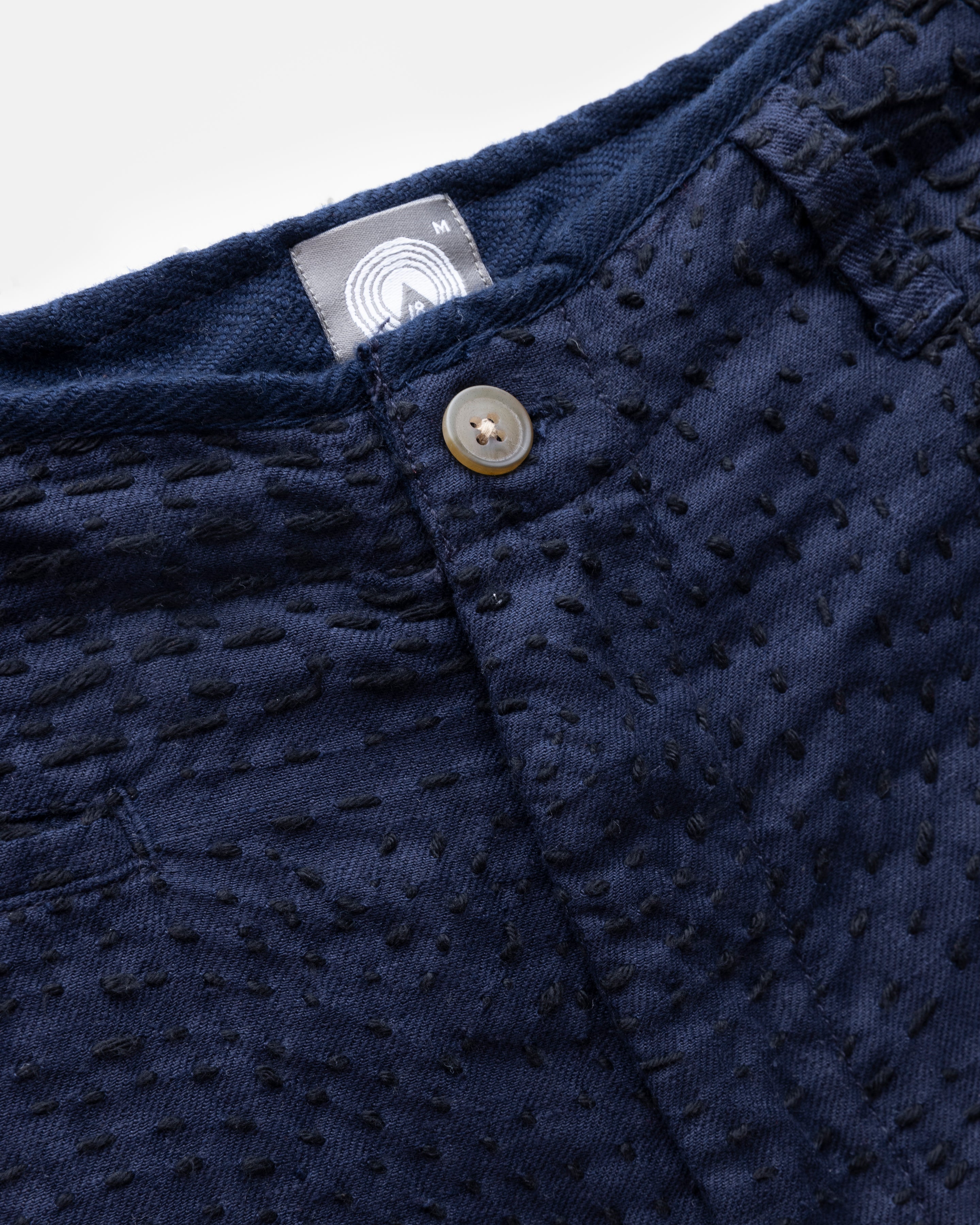SHELTER PANT - MIDNIGHT NAVY / BLACK PATCHWORK KANTHA STITCHED LINEN TWILL