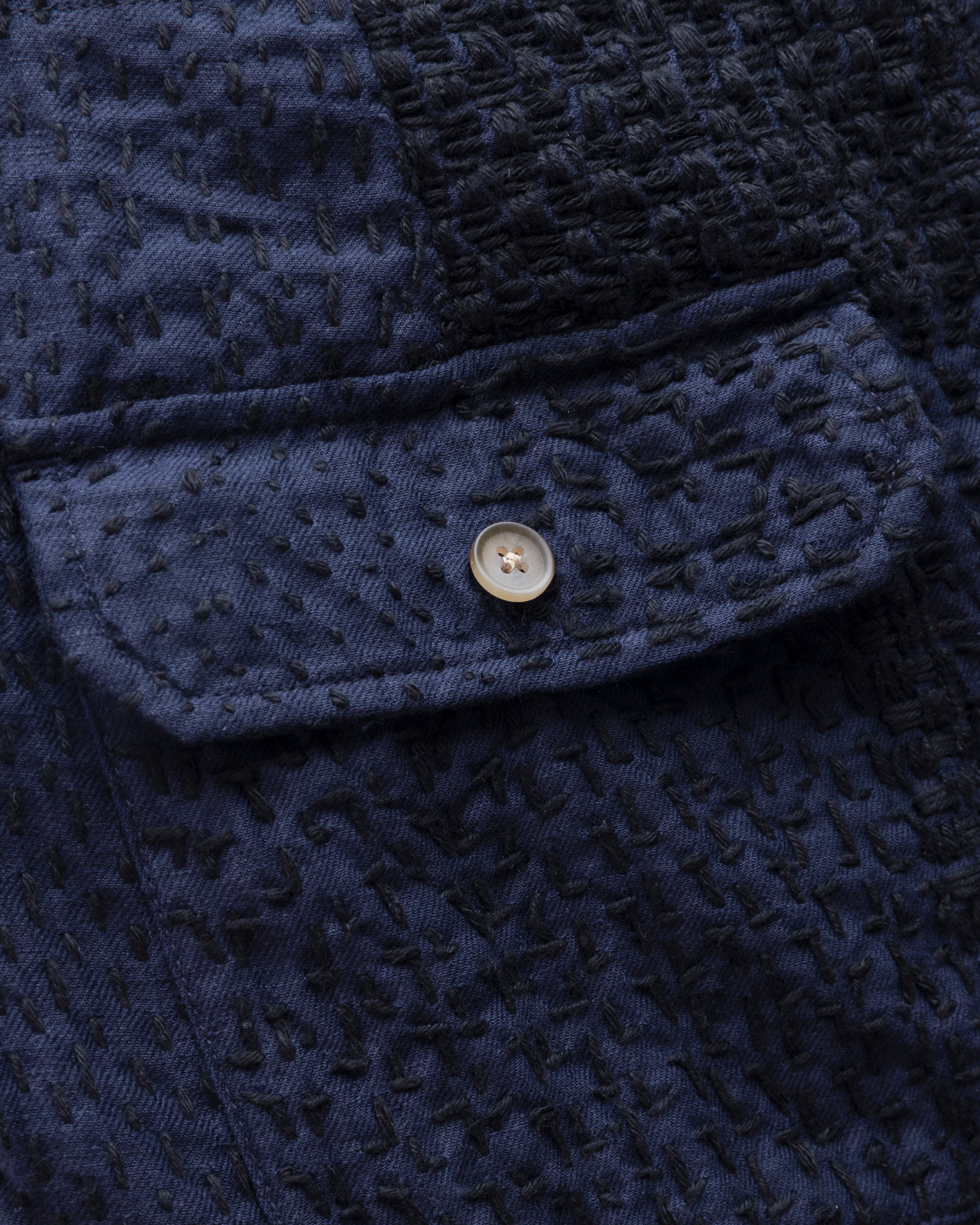 SHELTER PANT - MIDNIGHT NAVY / BLACK PATCHWORK KANTHA STITCHED LINEN TWILL