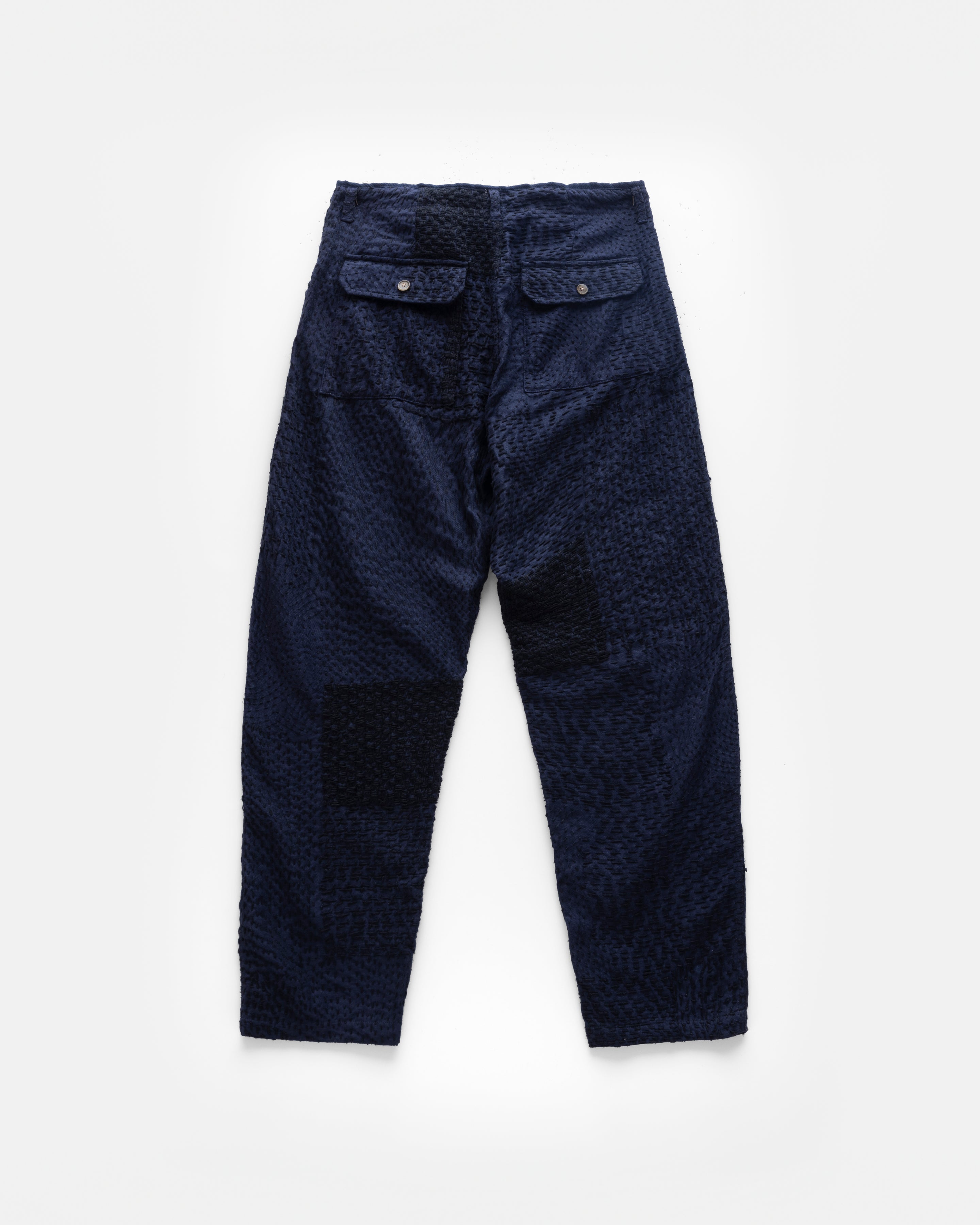 SHELTER PANT - MIDNIGHT NAVY / BLACK PATCHWORK KANTHA STITCHED LINEN TWILL