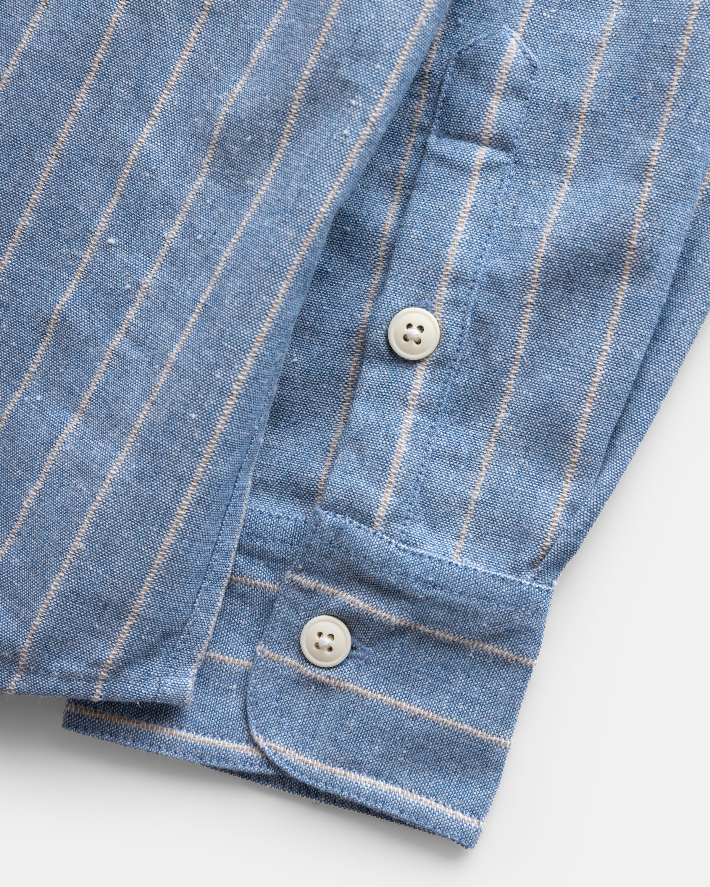 WOLF BUTTON-DOWN SHIRT - CLEARWEATHER BLUE / WHITE / TAN TWISTED STRIPE SUMMER COTTON / LINEN OXFORD