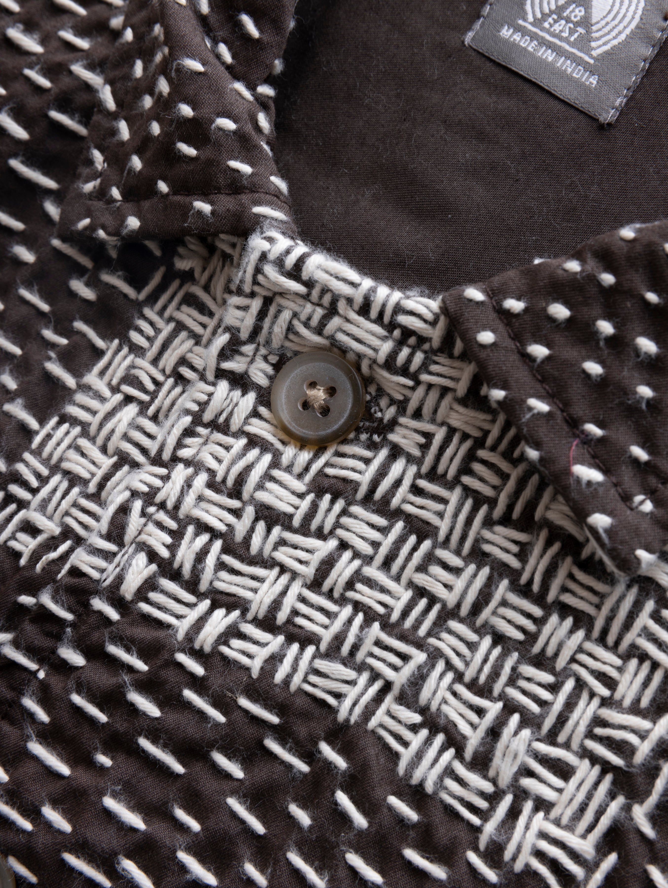 S/S SAM SHIRT - FONDENTE BROWN / ECRU PATCHWORK KANTHA STITCHED COTTON
