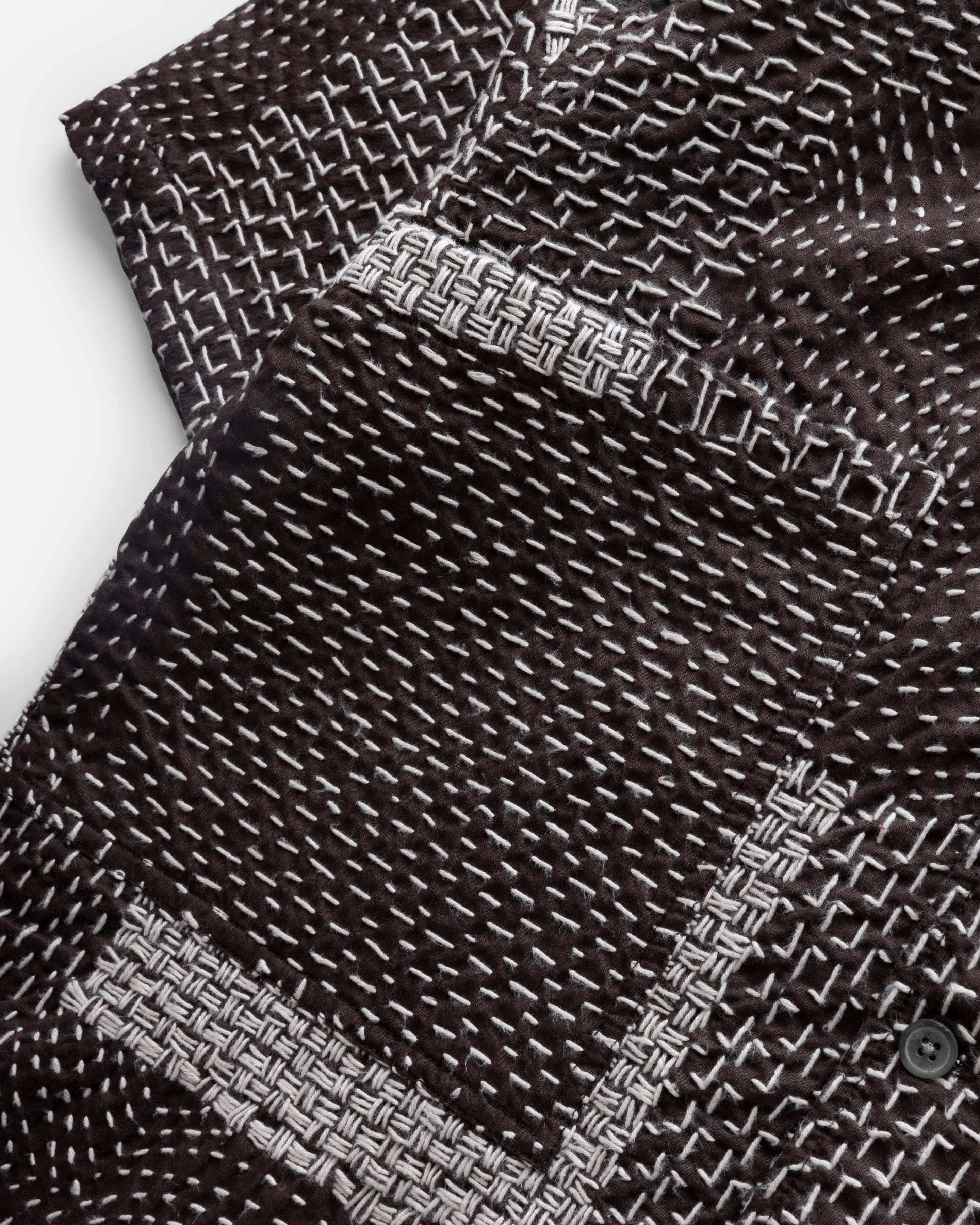 S/S SAM SHIRT - FONDENTE BROWN / ECRU PATCHWORK KANTHA STITCHED COTTON