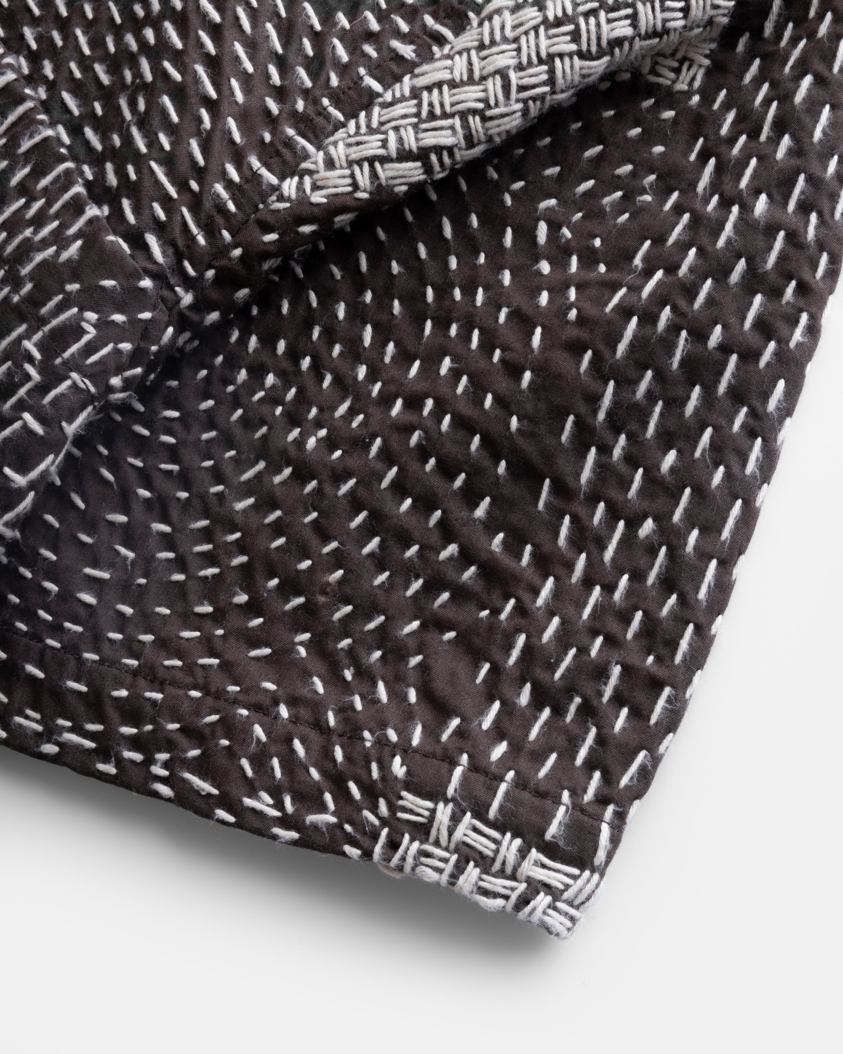 S/S SAM SHIRT - FONDENTE BROWN / ECRU PATCHWORK KANTHA STITCHED COTTON