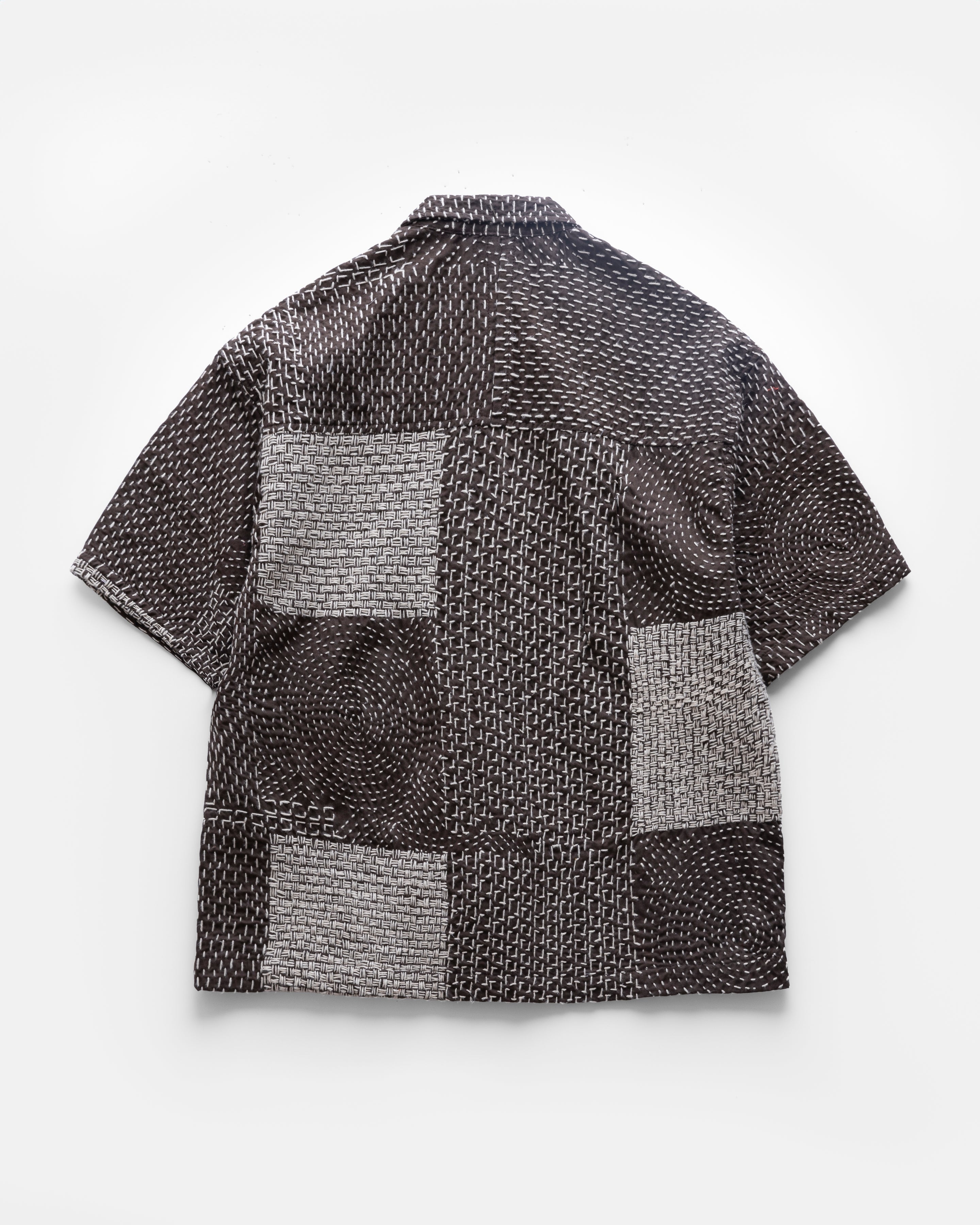S/S SAM SHIRT - FONDENTE BROWN / ECRU PATCHWORK KANTHA STITCHED COTTON