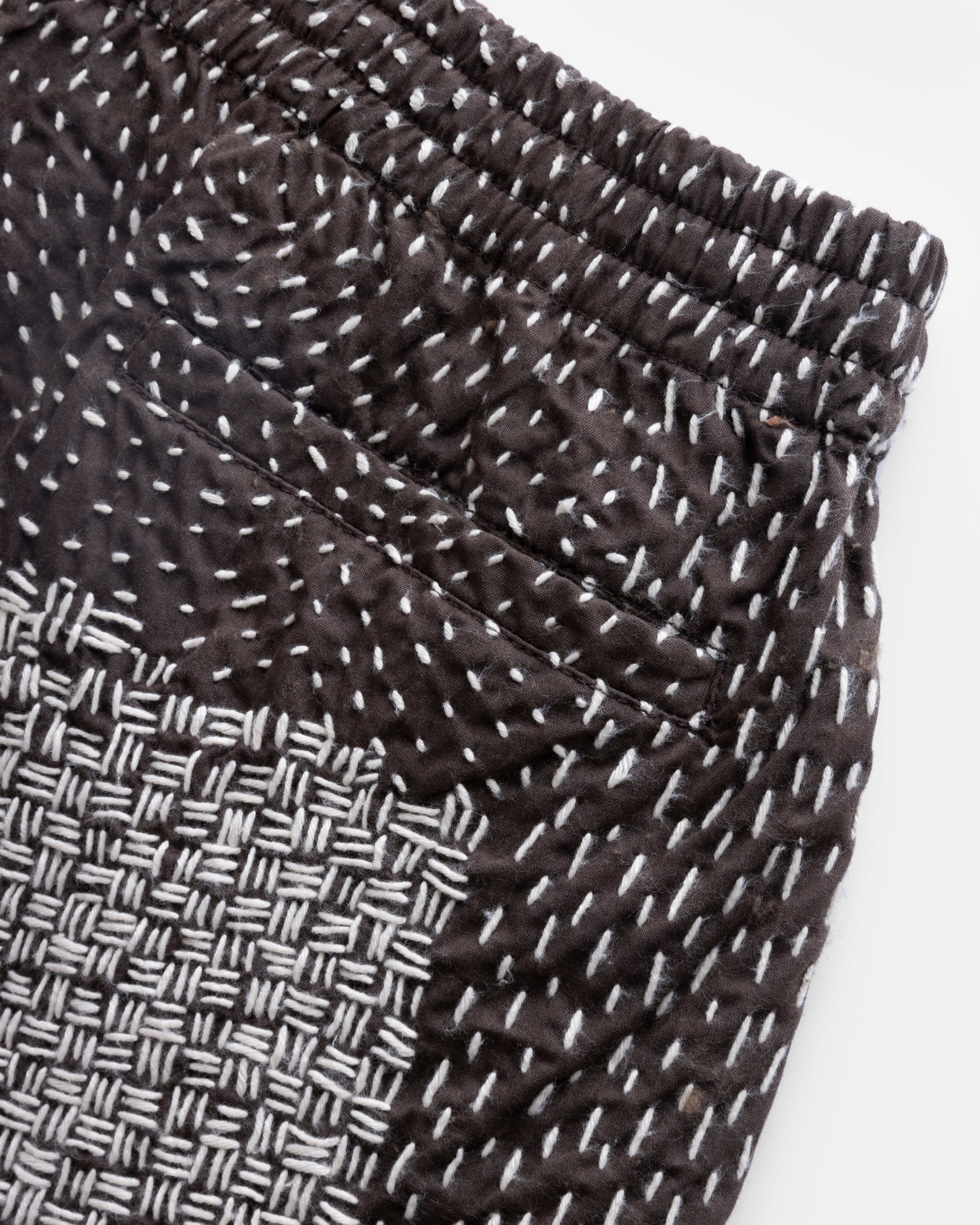 JAIPUR EASY SHORTS - FONDENTE BROWN / ECRU PATCHWORK KANTHA STITCHED COTTON