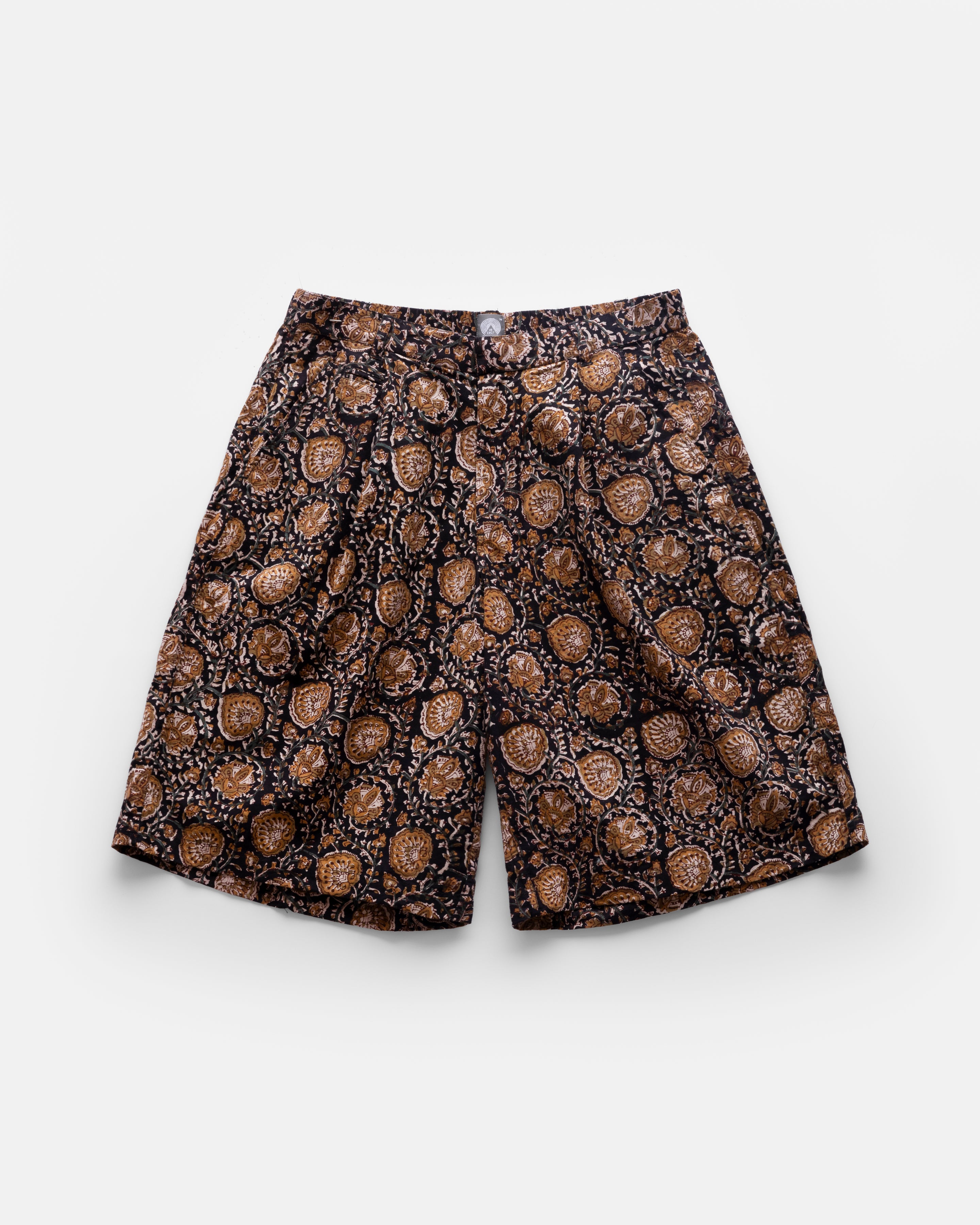 EMERY PLEATED BIG SHORTS  - BLACK / SAGE / KHAKI BAGRU PRINTED COTTON