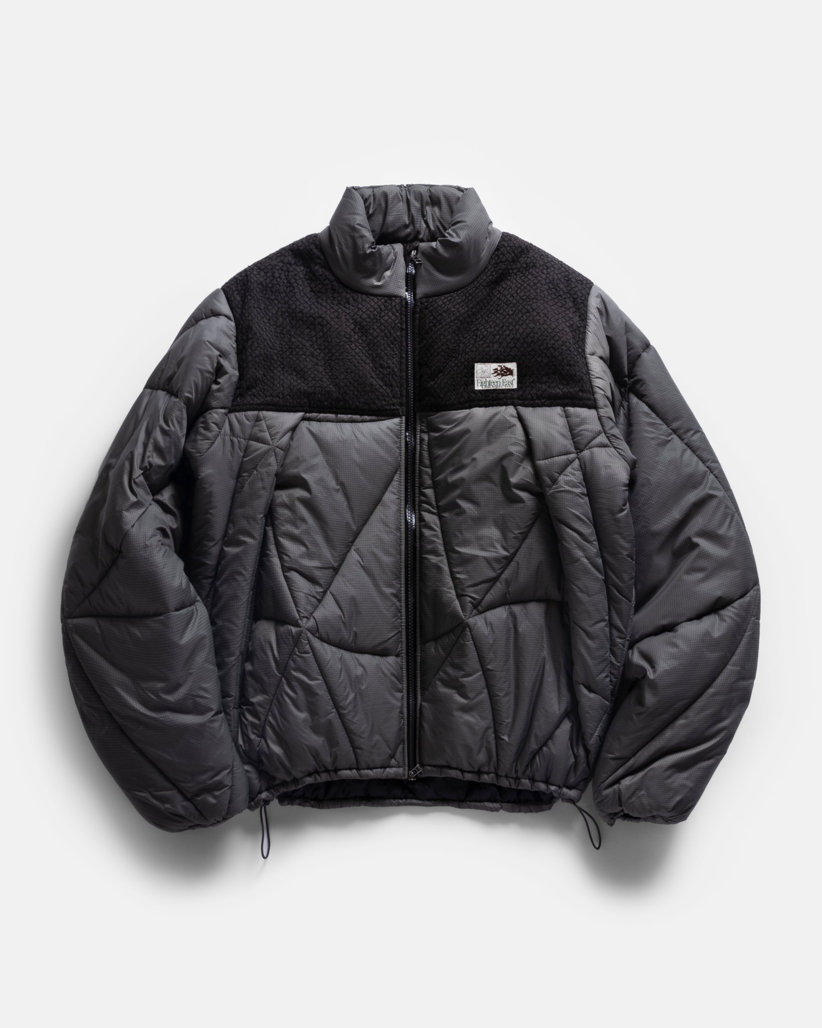 DREW WAVY GEODOME QUILTED JACKET - GUNMETAL FLYWEIGHT NYLON MICRO RIPSTOP WITH BLACK HAND-EMBROIDERED TWILL YOKE