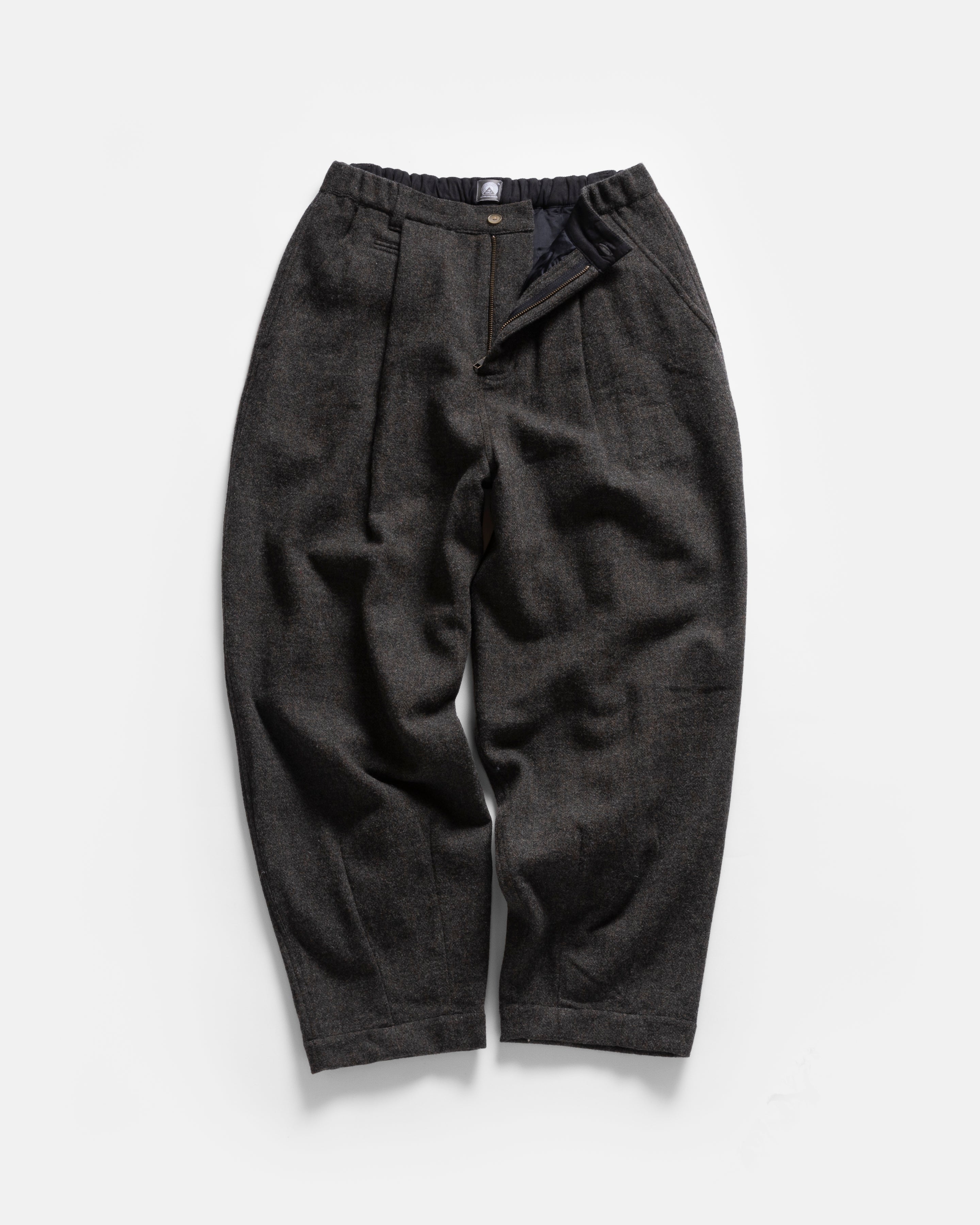 KELL PLEATED BIG PANT - CHARCOAL / DARK CACAO HERRINGBONE WOOLEN TWEED