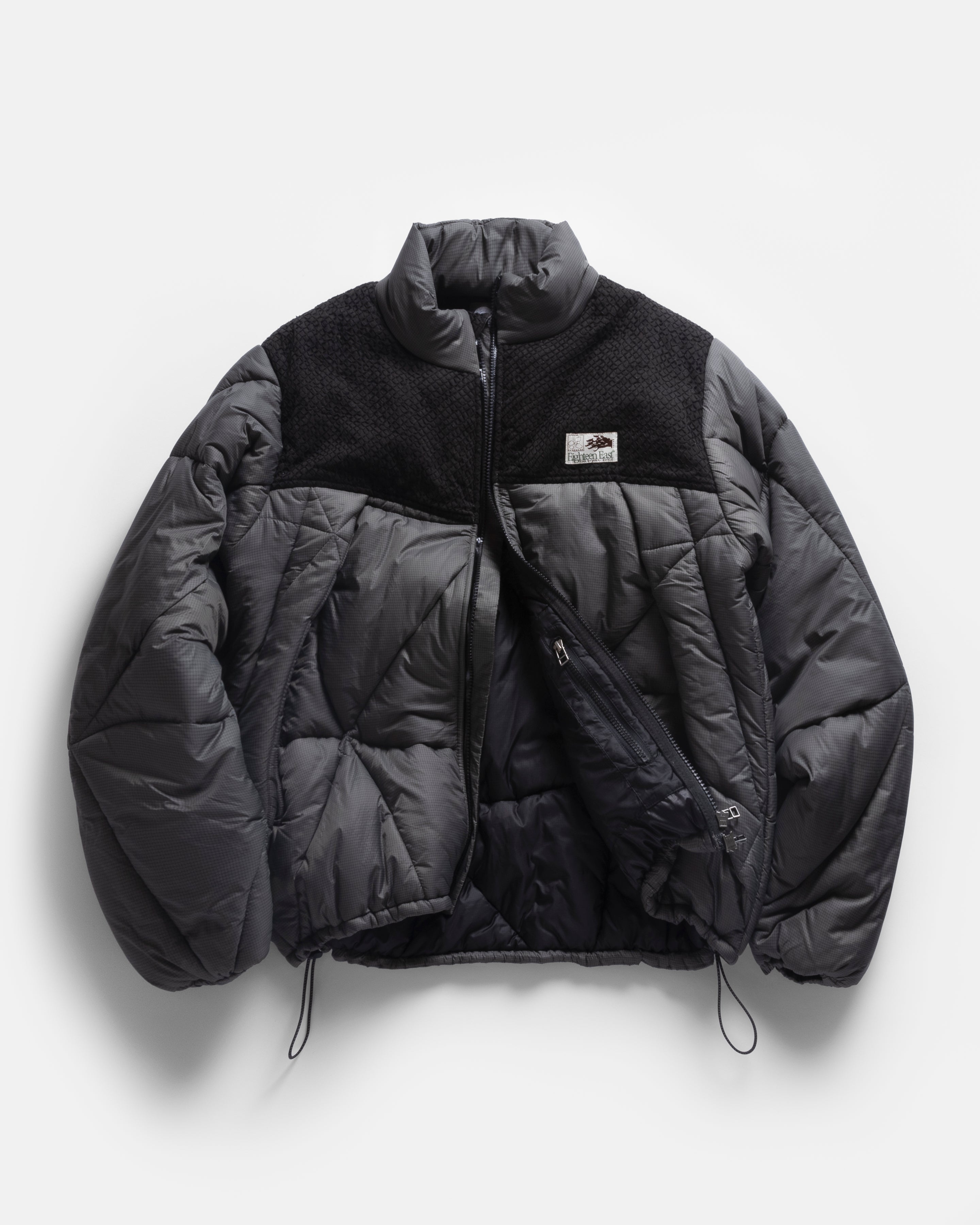 DREW WAVY GEODOME QUILTED JACKET - GUNMETAL FLYWEIGHT NYLON MICRO RIPSTOP WITH BLACK HAND-EMBROIDERED TWILL YOKE