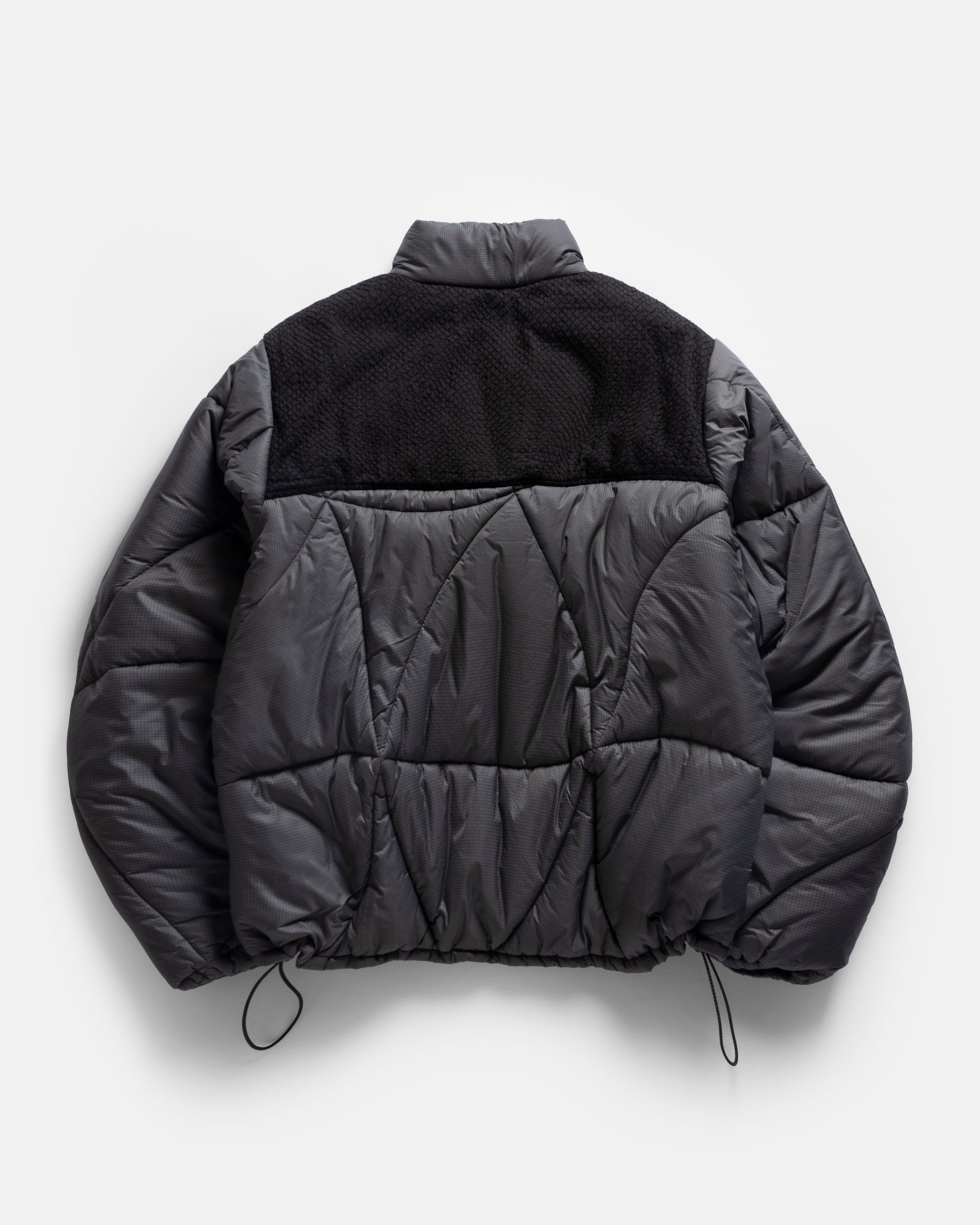 DREW WAVY GEODOME QUILTED JACKET - GUNMETAL FLYWEIGHT NYLON MICRO RIPSTOP WITH BLACK HAND-EMBROIDERED TWILL YOKE